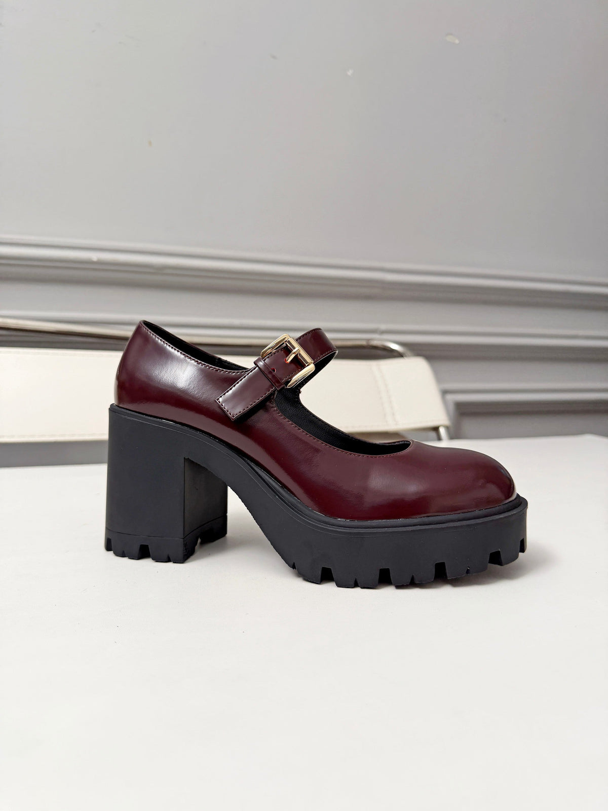 Prada Mary Jane Platform Pumps Burgundy Patent Leather 118329