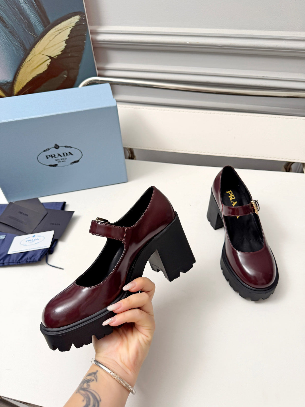 Prada Mary Jane Platform Pumps Burgundy Patent Leather 118329