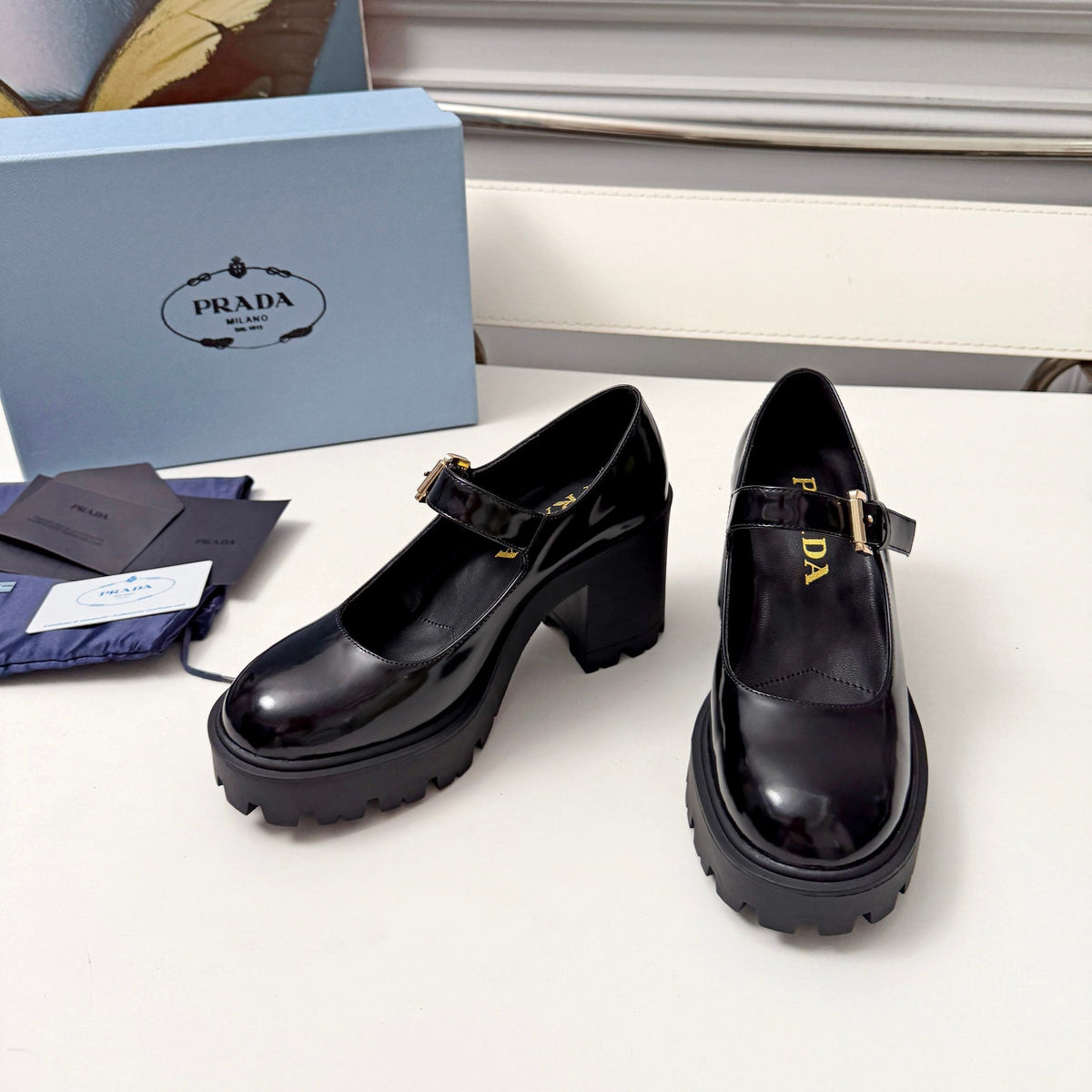 Prada Mary Jane Platform Pumps Black Patent Leather 118330