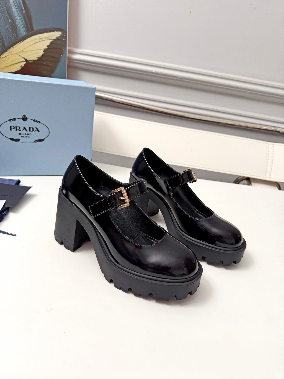 Prada Mary Jane Platform Pumps Black Patent Leather 118330