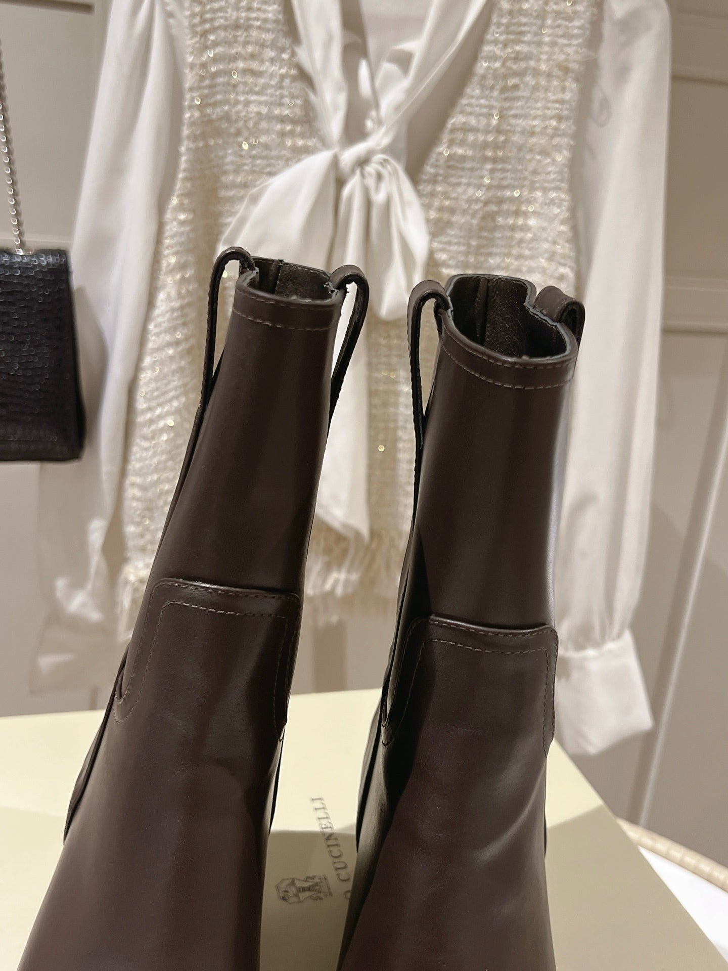 Brunello Chunky Heel Elegant Mid-Calf Boots Coffee Leather 929300