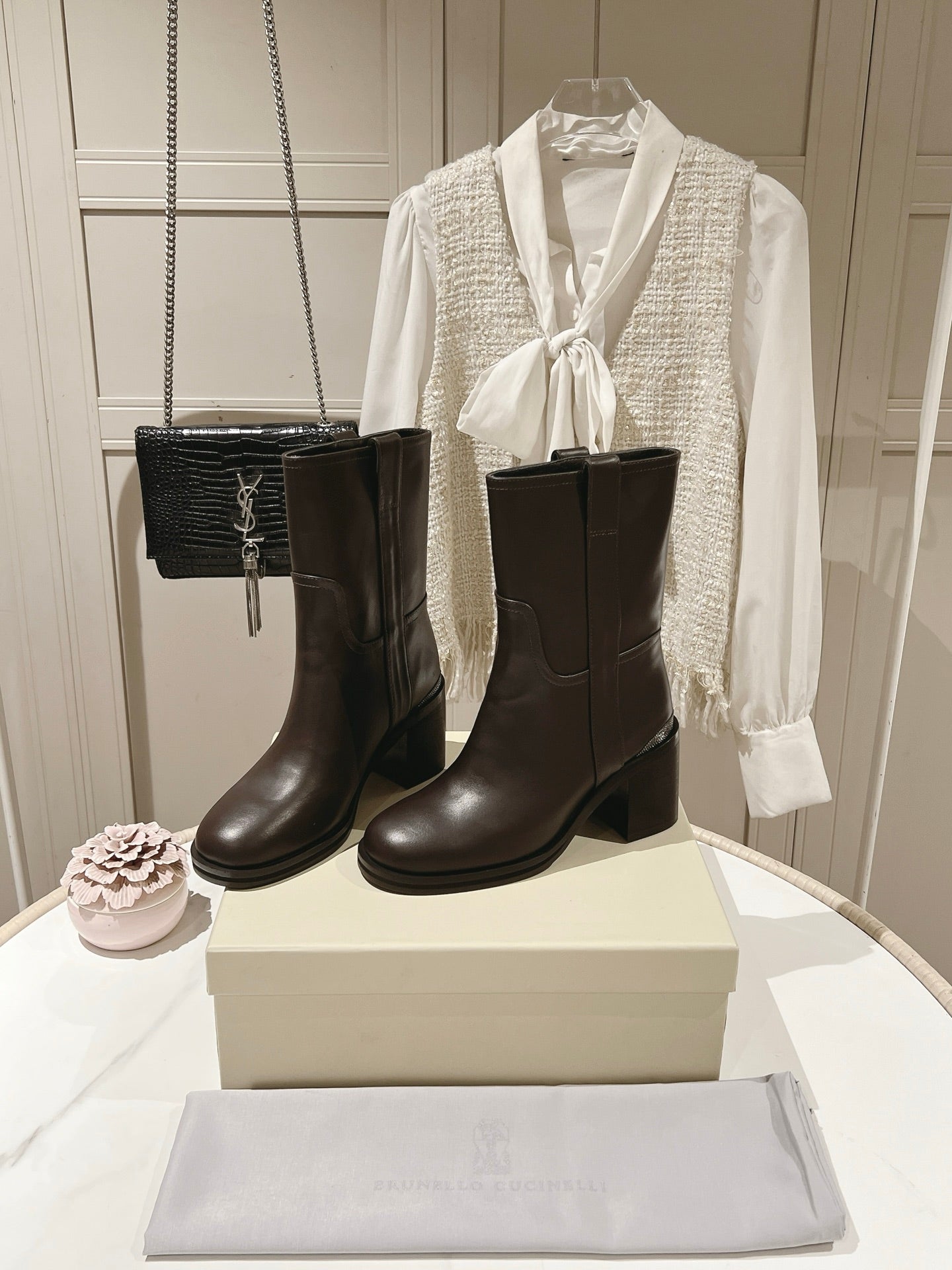 Brunello Chunky Heel Elegant Mid-Calf Boots Coffee Leather 929300