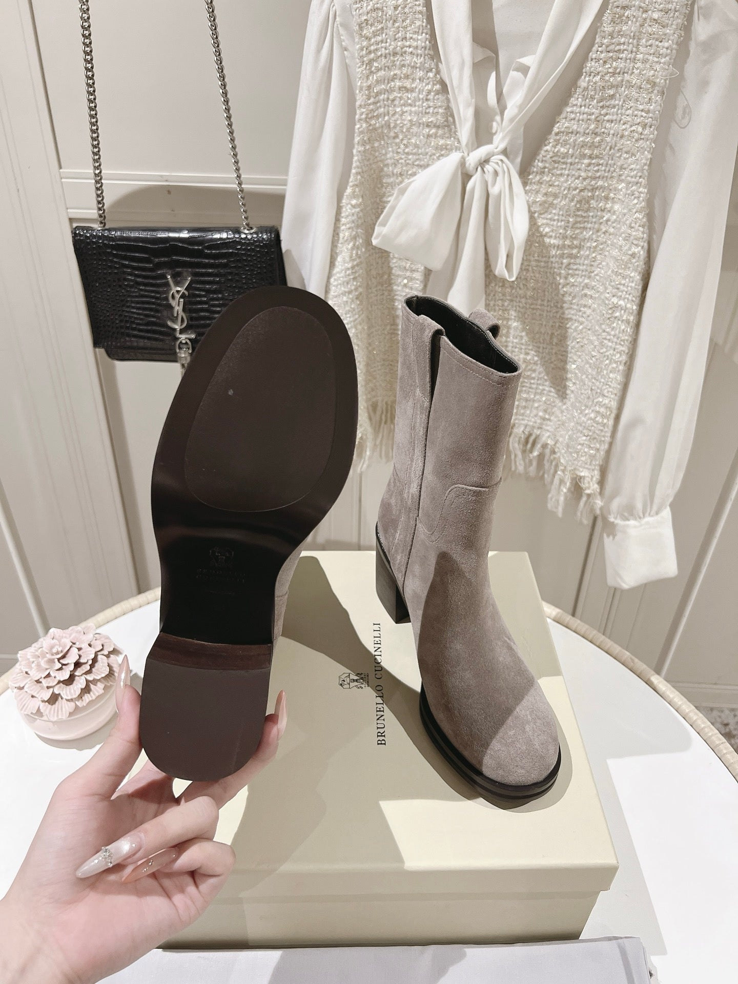 Brunello Chunky Heel Elegant Mid-Calf Boots Taupe Suede 929301