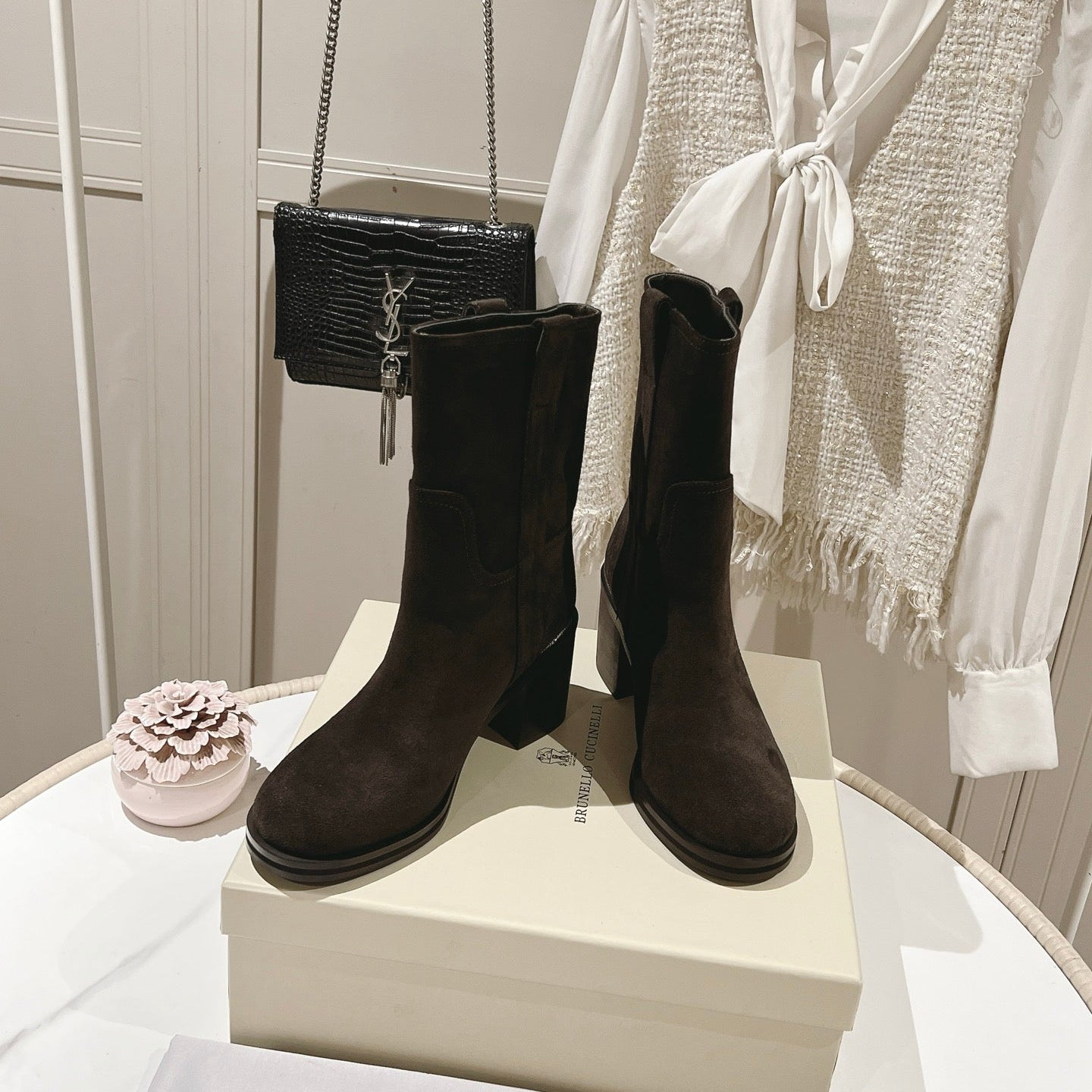 Brunello Chunky Heel Elegant Mid-Calf Boots Coffee Suede 929302