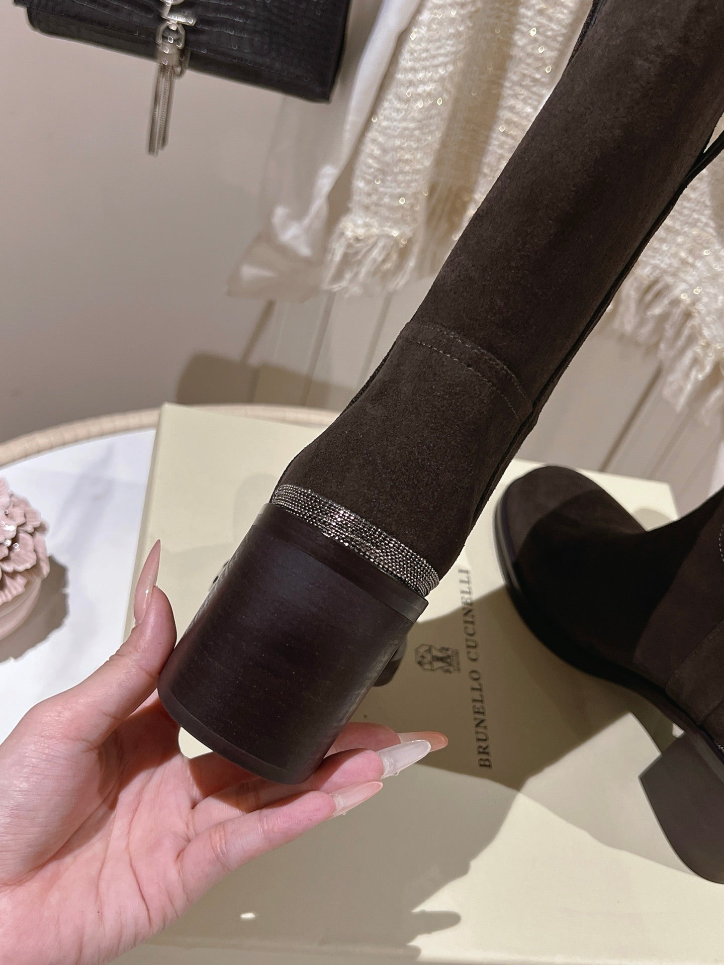 Brunello Chunky Heel Elegant Mid-Calf Boots Coffee Suede 929302