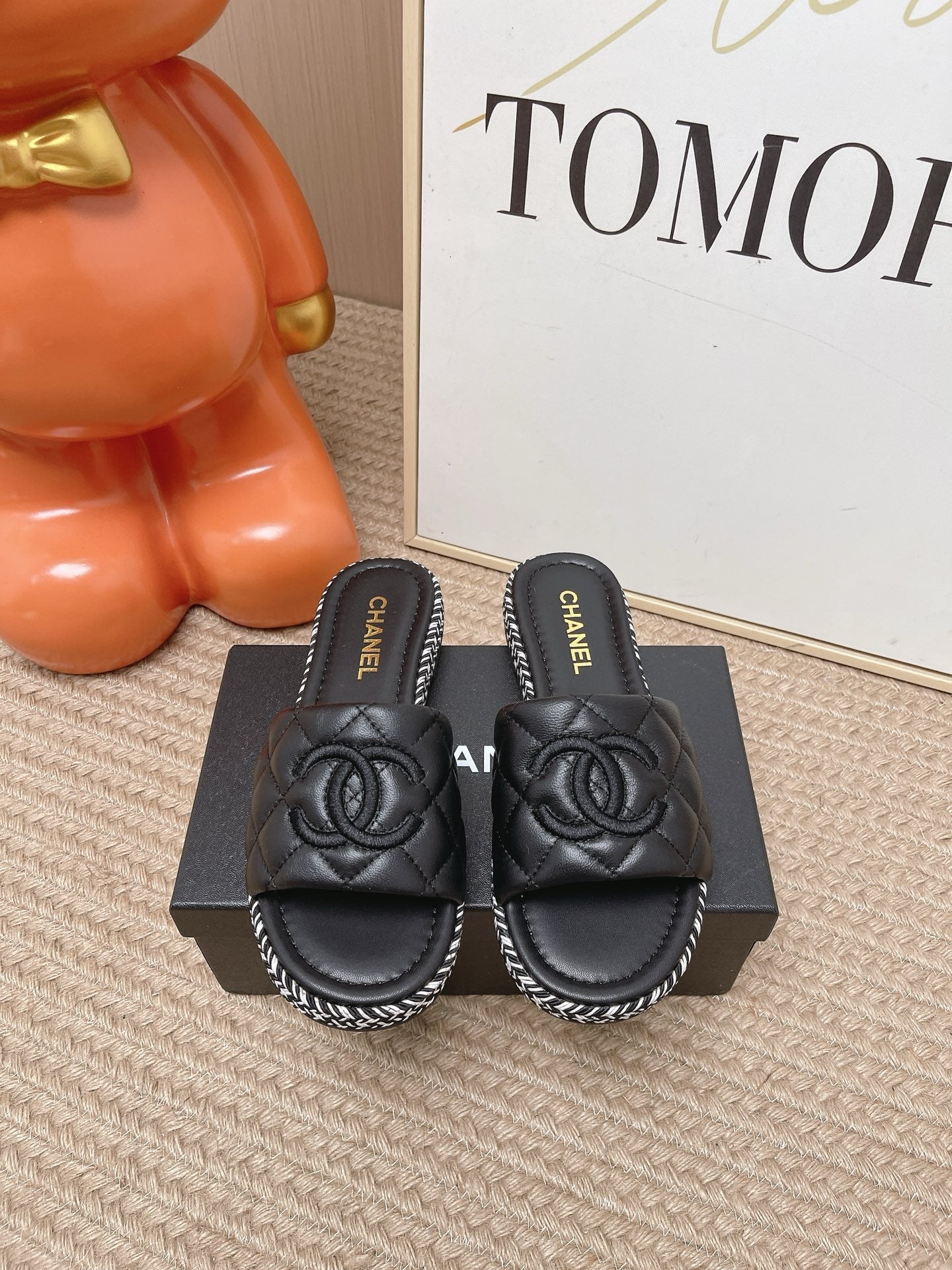CC 26s Quilted Espadrille Slides Black Leather 950785