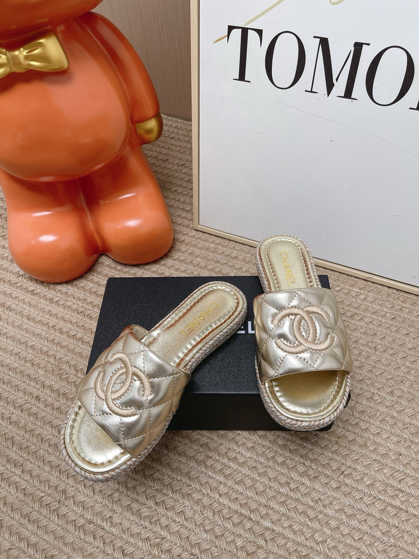 CC 26s Quilted Espadrille Slides Light Gold Mules 950787