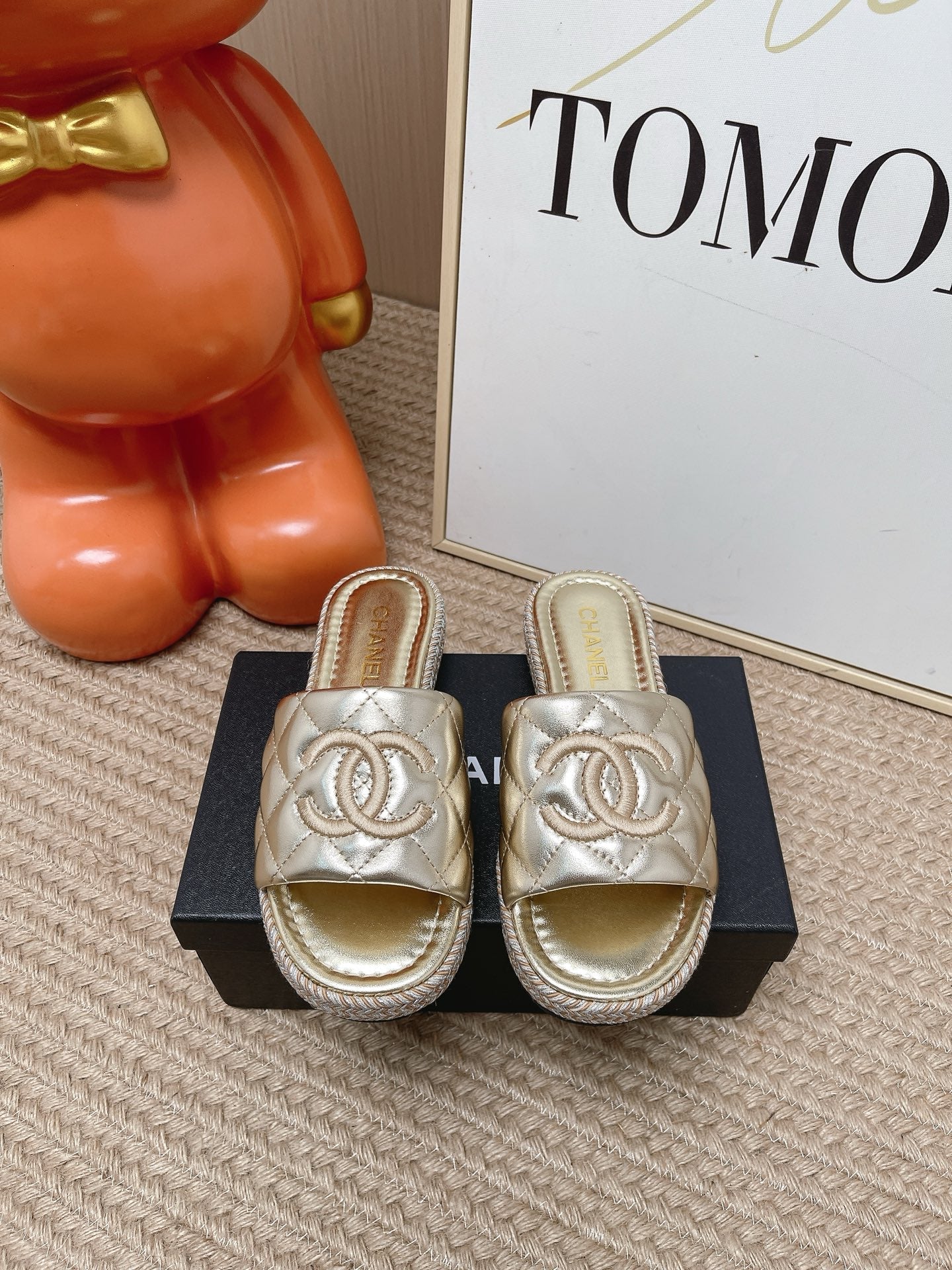 CC 26s Quilted Espadrille Slides Light Gold Mules 950787