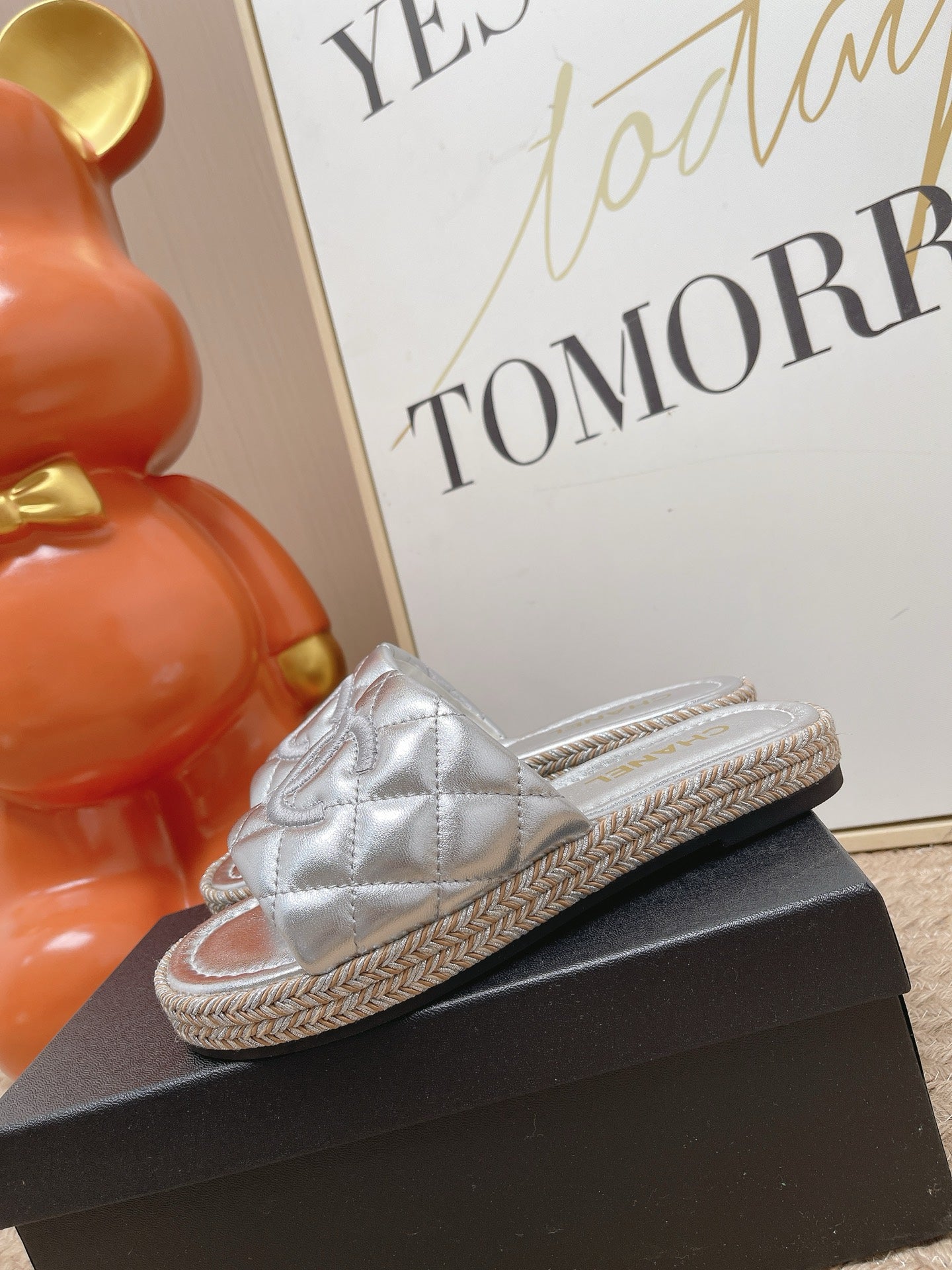 CC 26s Quilted Espadrille Slides Sliver Leather 950788