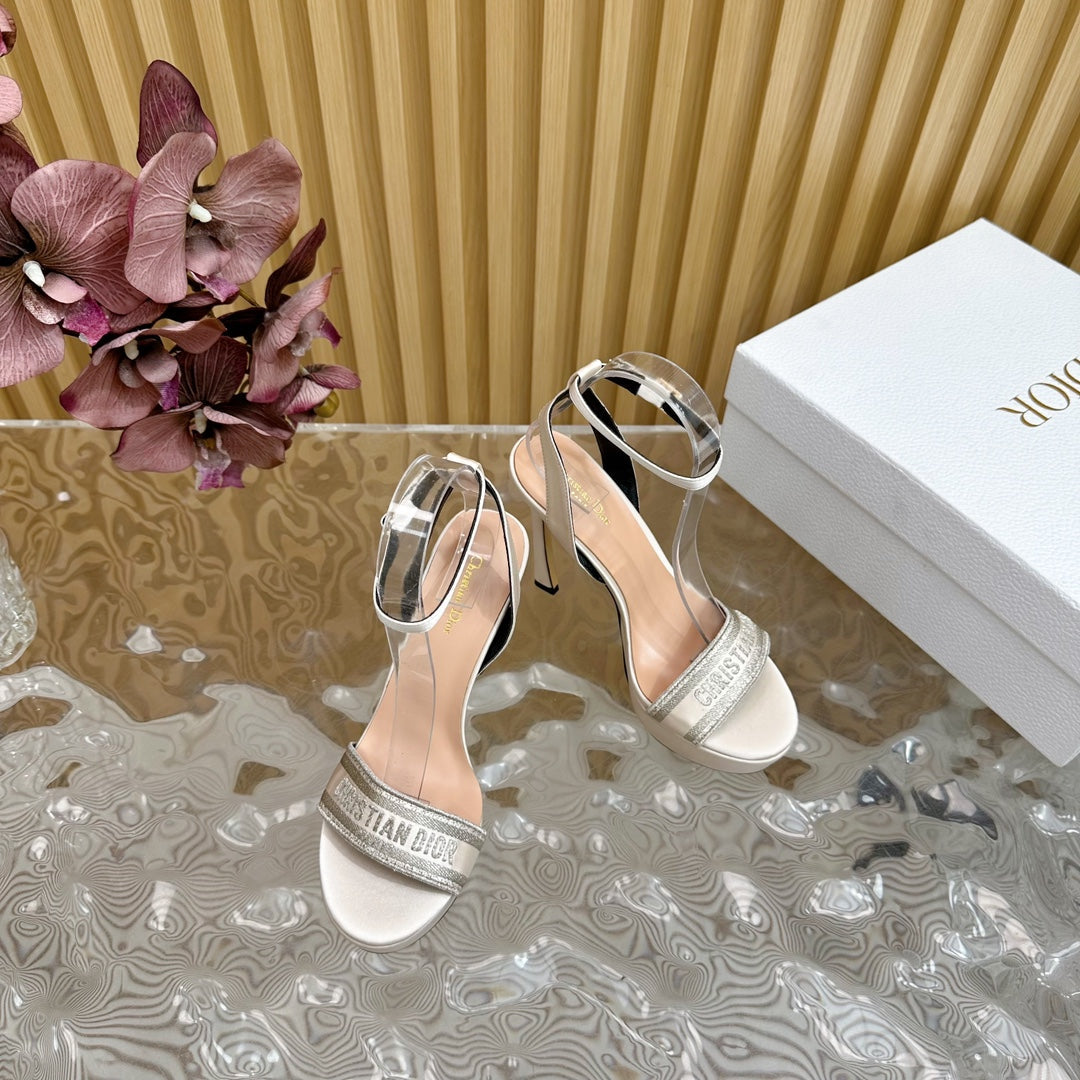 CD Dway Heeled Sandal 120mm White Grey Silk And Lambskin