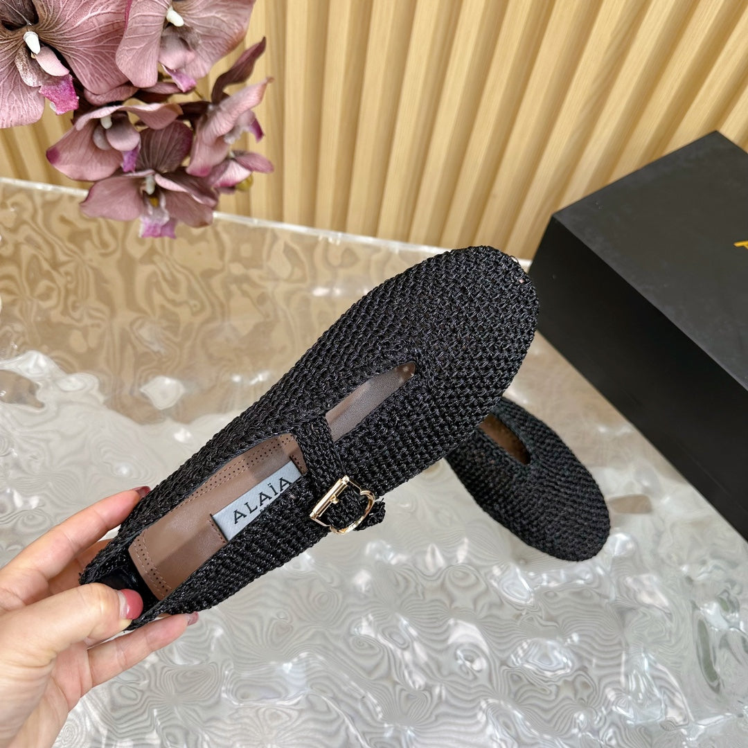 Alaia Ballet Flats In Black Stretch Woven Sedge 102276
