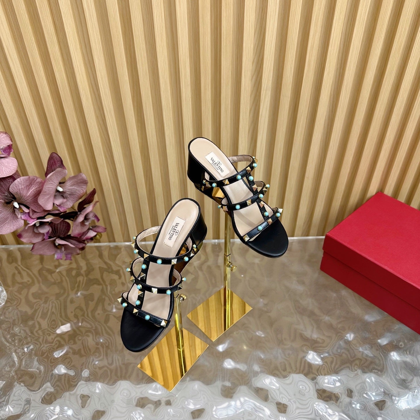 Rockstud Leather Caged Mule Sandals 60mm Black Sheepskin 307862