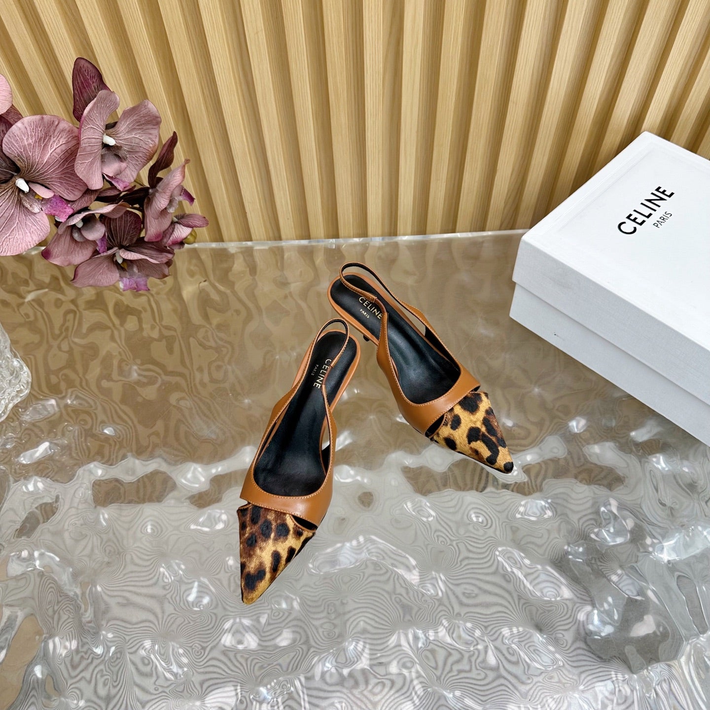 CL Judy Cap Toe Skingback 60mm In Tan Calfskin And Leopard Printed Hairy Calfskin 313783