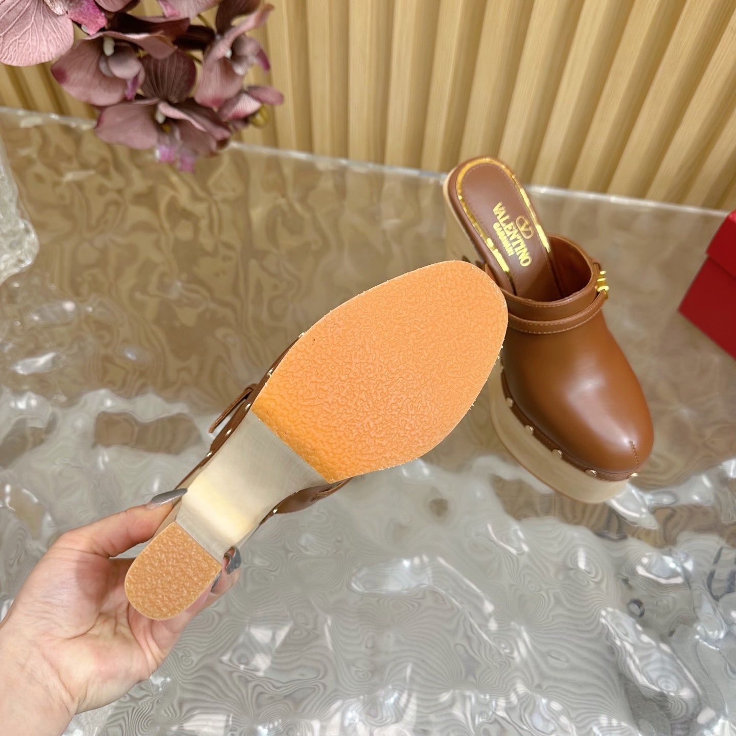 Valentino Tan-Go Clogs 10cm Brown Leather 702270