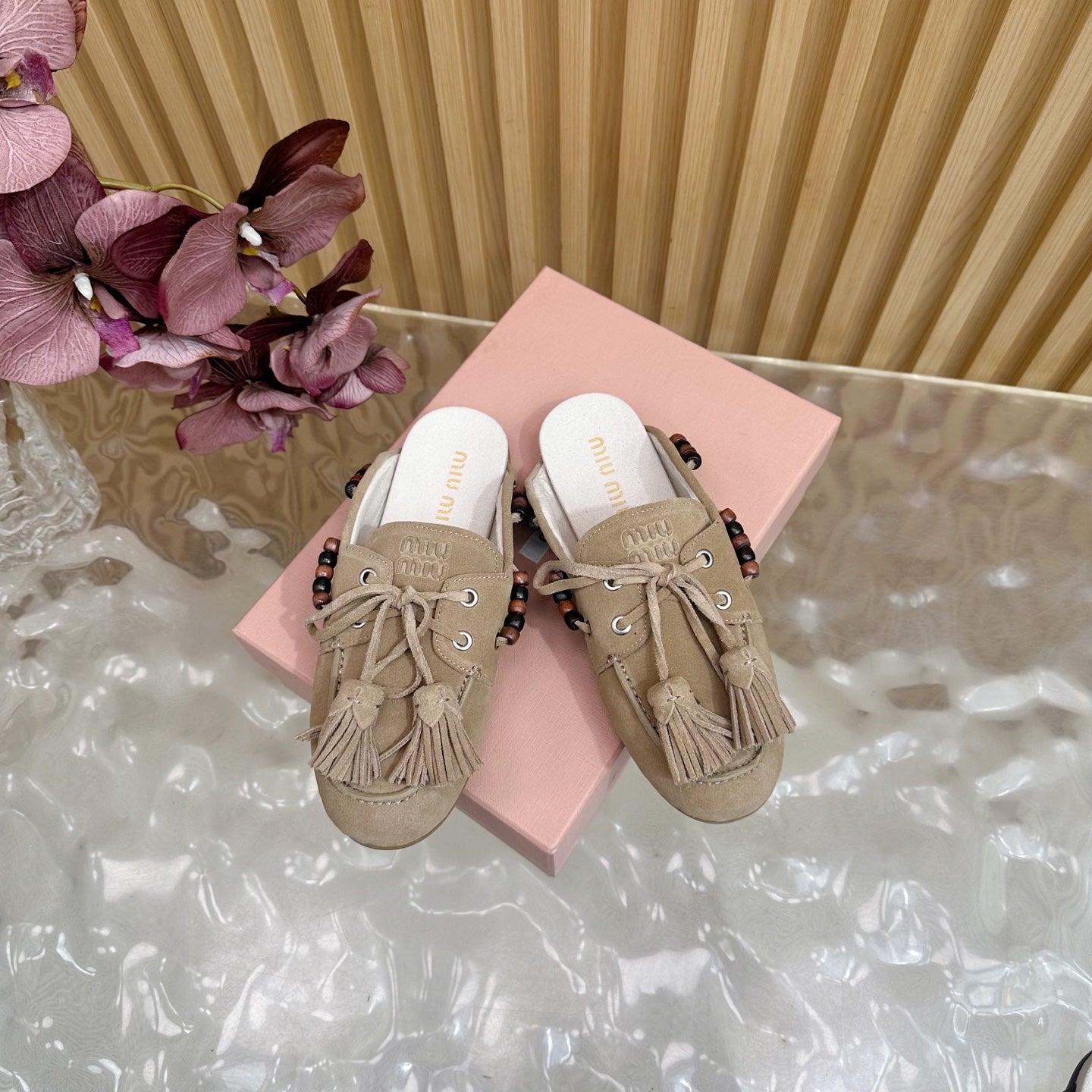 Miu Laces Eyelet Flat Half Slipper Beige Suede 498161