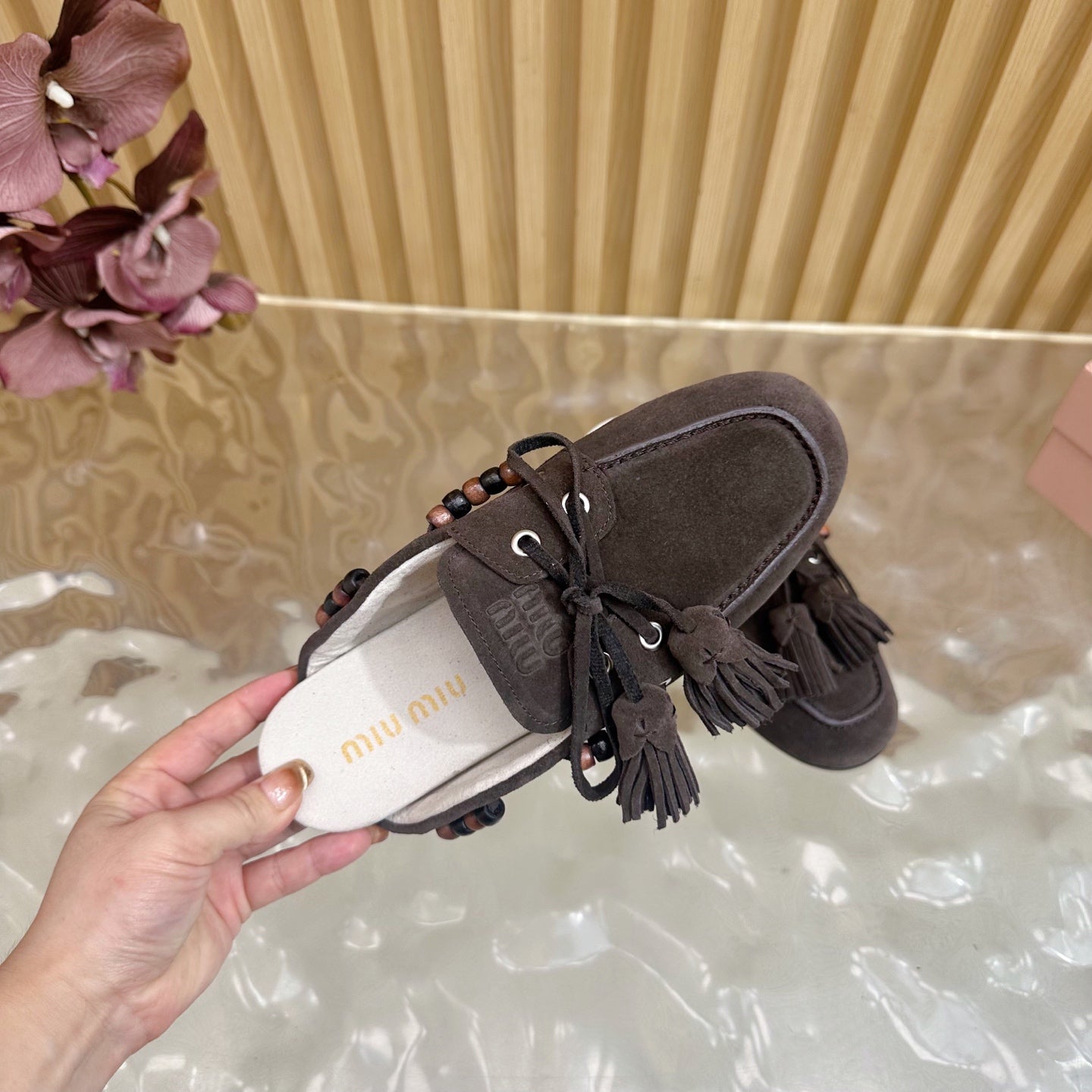 Miu Laces Eyelet Flat Half Slipper Dark Reddish Brown Suede 498162