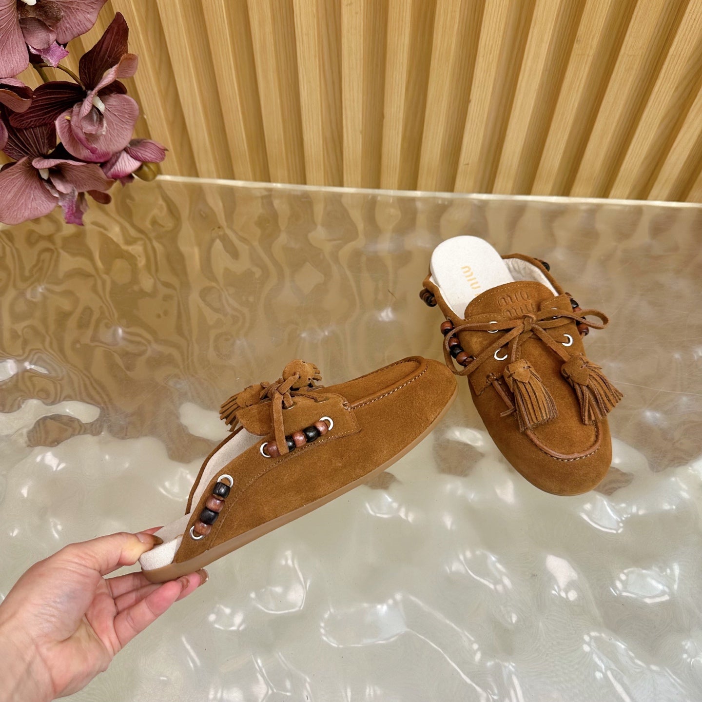 Miu Laces Eyelet Flat Half Slipper Dark Brown Suede 498163