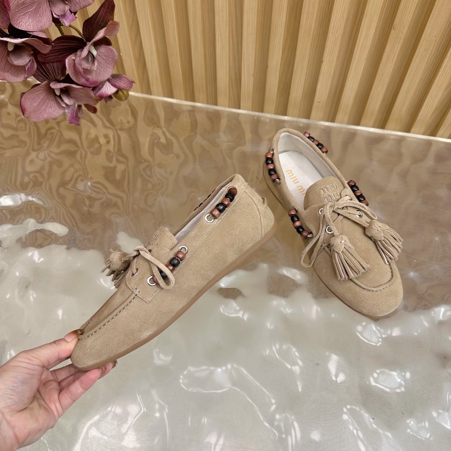 Miu Laces Eyelet Flat Loafer Beige Suede 498166