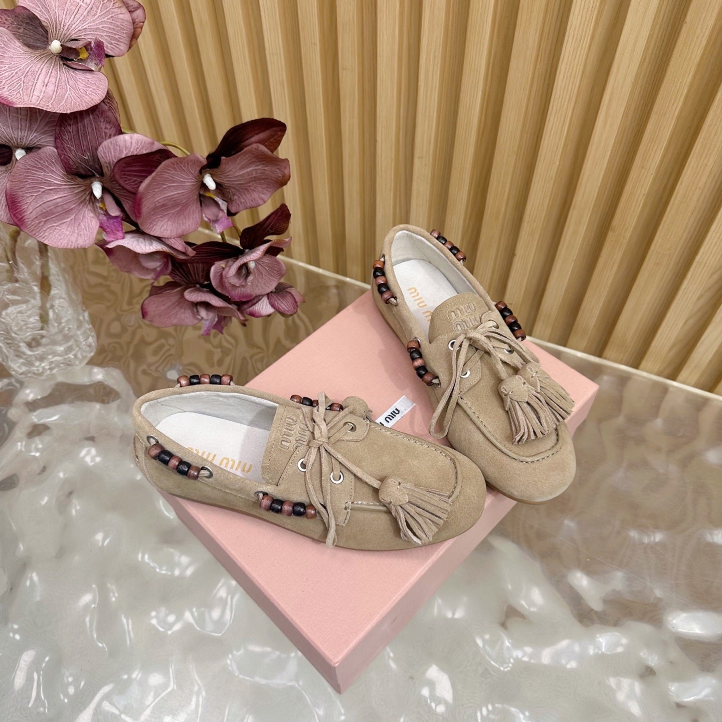 Miu Laces Eyelet Flat Loafer Beige Suede 498166