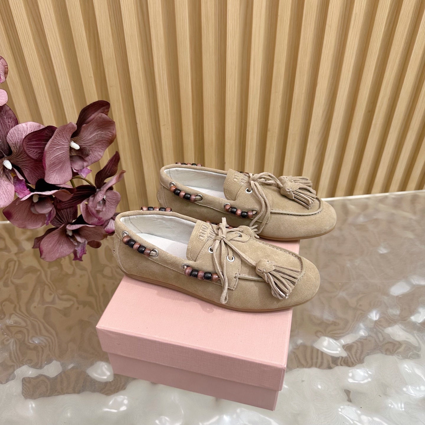 Miu Laces Eyelet Flat Loafer Beige Suede 498166