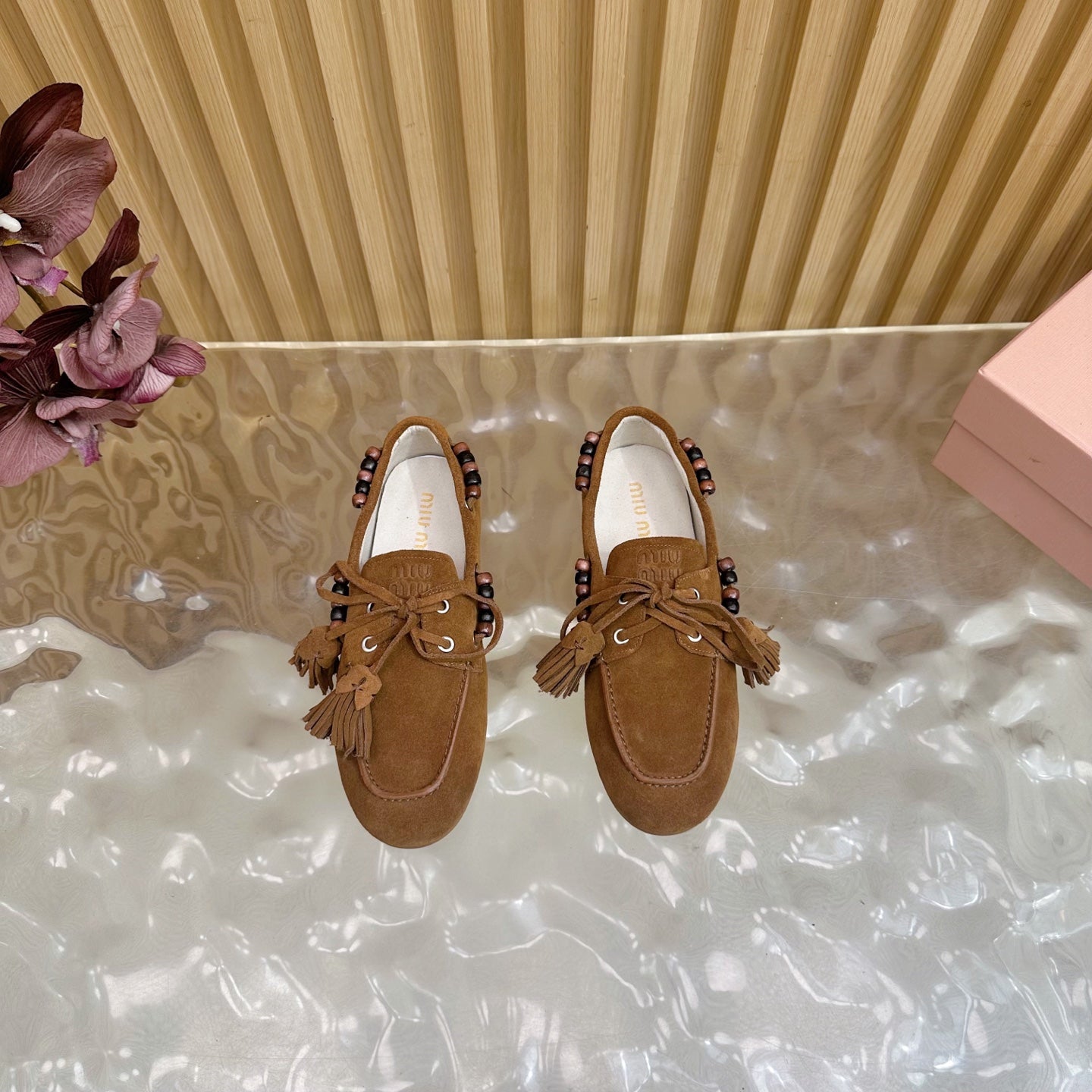 Miu Laces Eyelet Flat Loafer Deep Brown Suede 498167