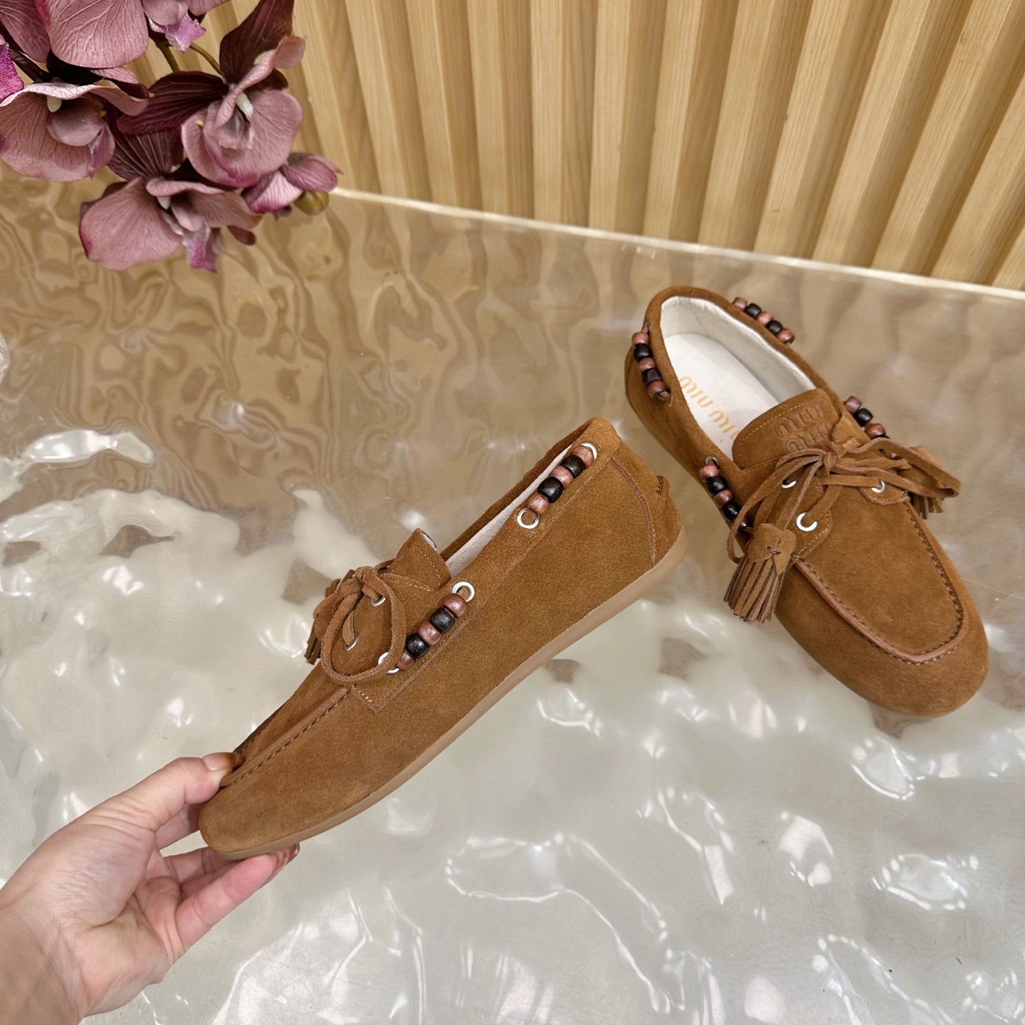 Miu Laces Eyelet Flat Loafer Deep Brown Suede 498167