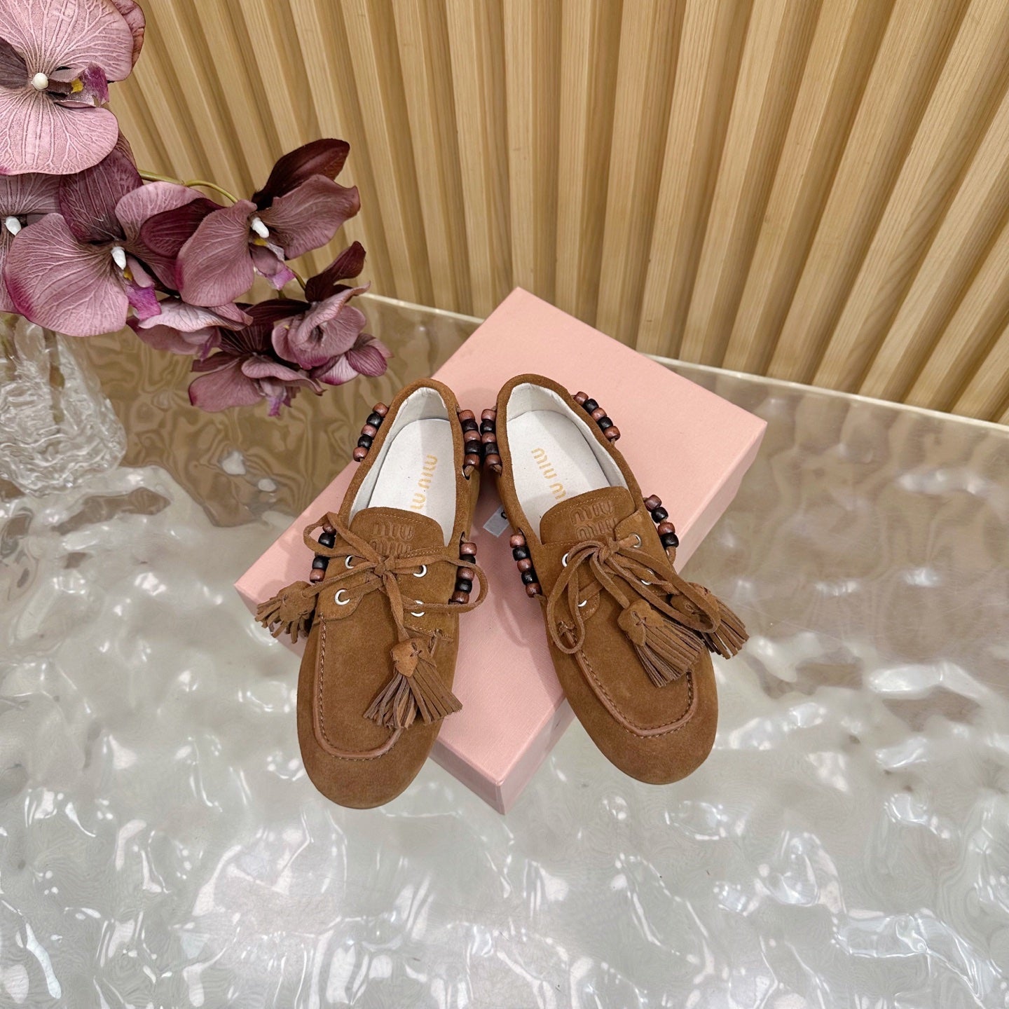Miu Laces Eyelet Flat Loafer Deep Brown Suede 498167