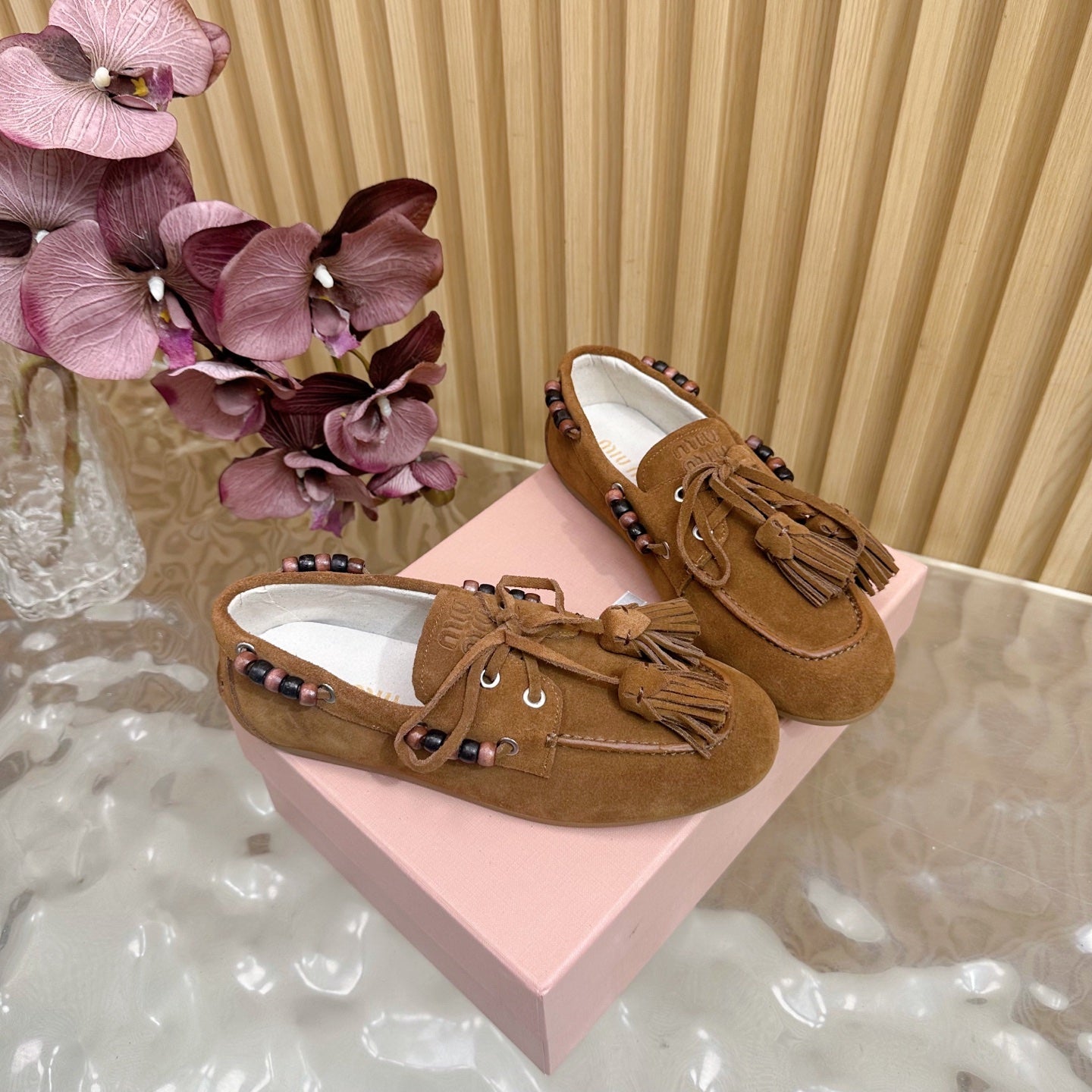Miu Laces Eyelet Flat Loafer Deep Brown Suede 498167