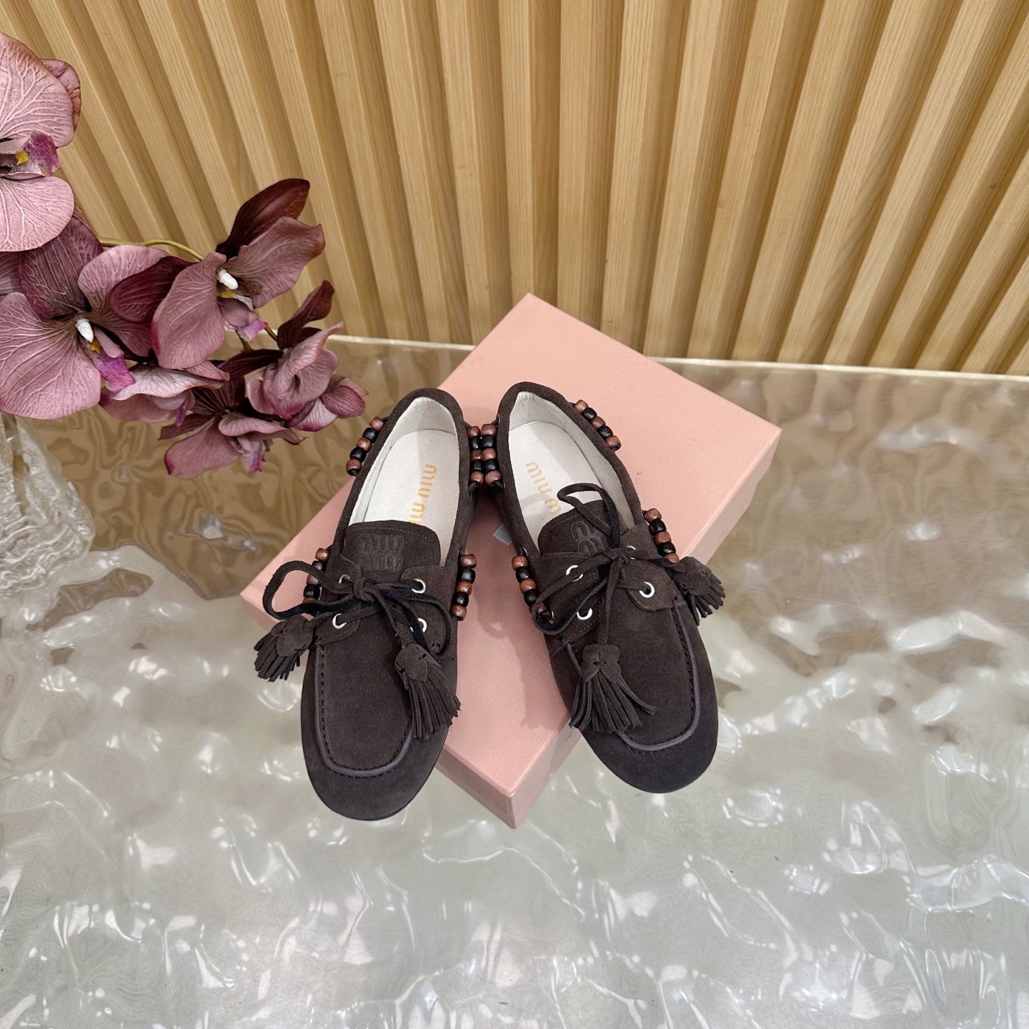 Miu Laces Eyelet Flat Loafer Deep Reddish Brown Suede 498168