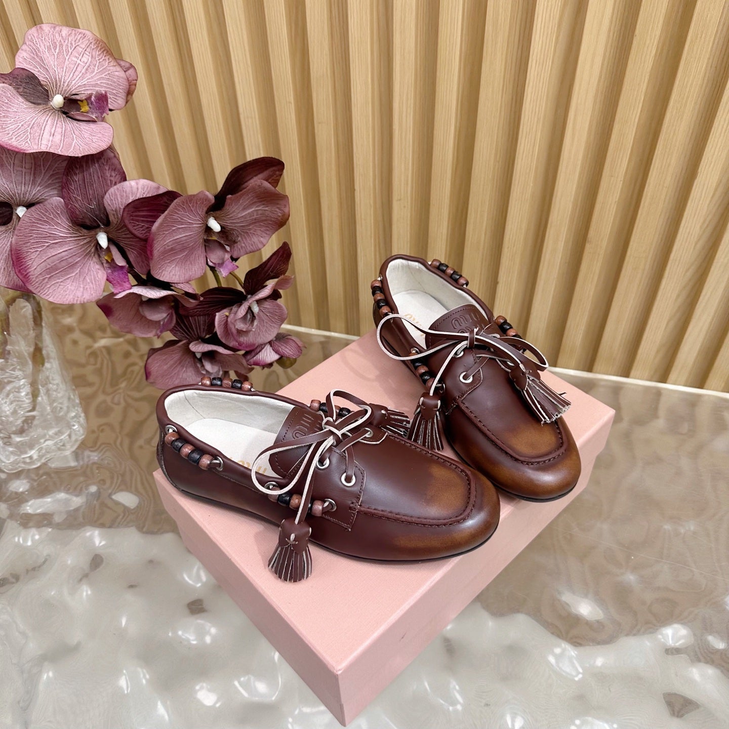 Miu Laces Eyelet Flat Loafer Deep Reddish Brown Sheepskin  498169