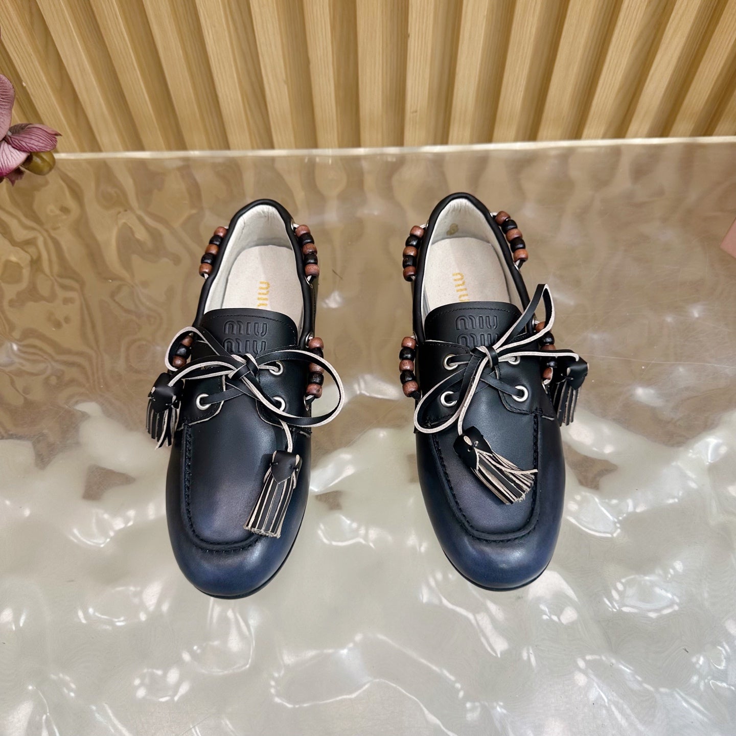 Miu Laces Eyelet Flat Loafer Black Sheepskin  498170