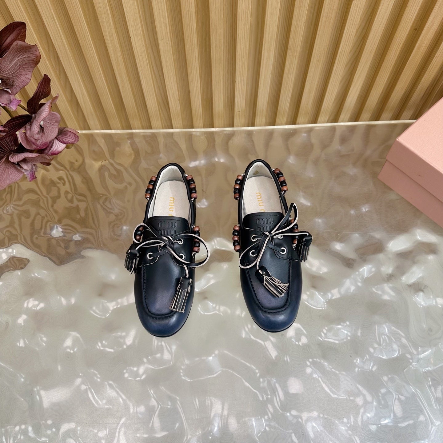Miu Laces Eyelet Flat Loafer Black Sheepskin  498170