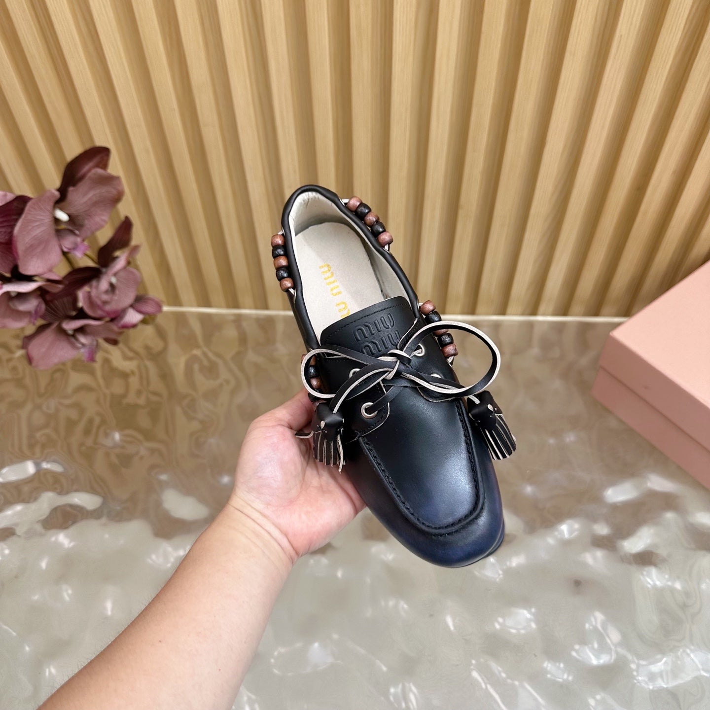 Miu Laces Eyelet Flat Loafer Black Sheepskin  498170