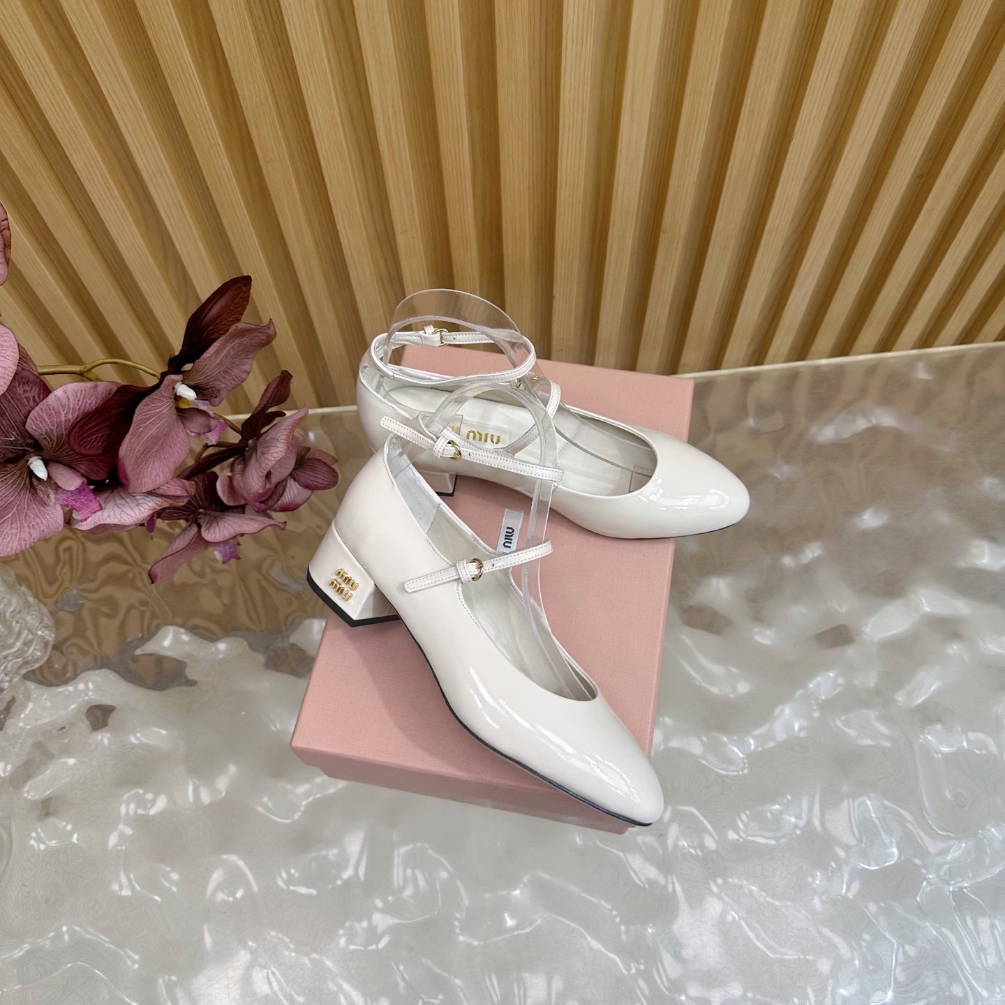 Miu Slingback Pumps With Straps White Patent Leather 498171