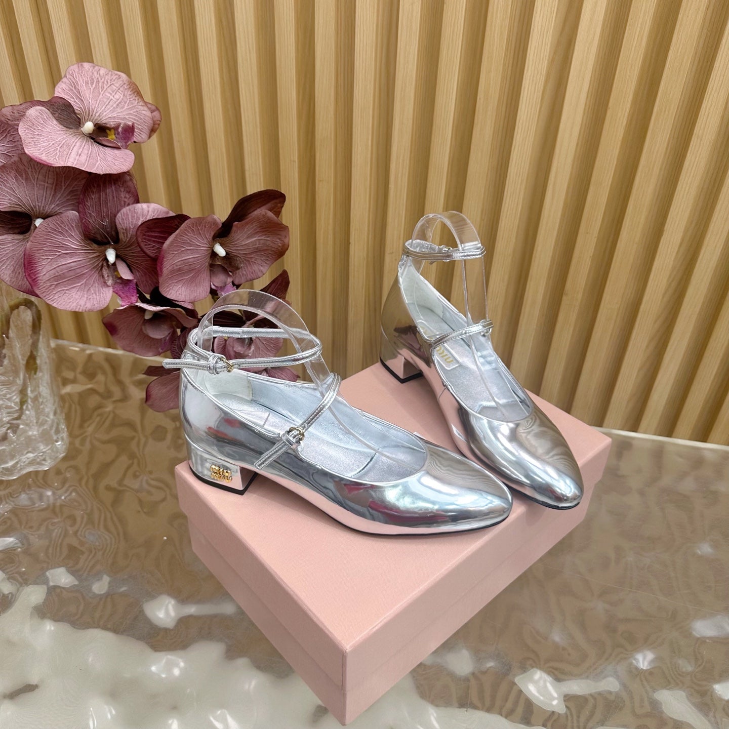 Miu Slingback Pumps With Straps 45mm Sliver Patent Leather 498172