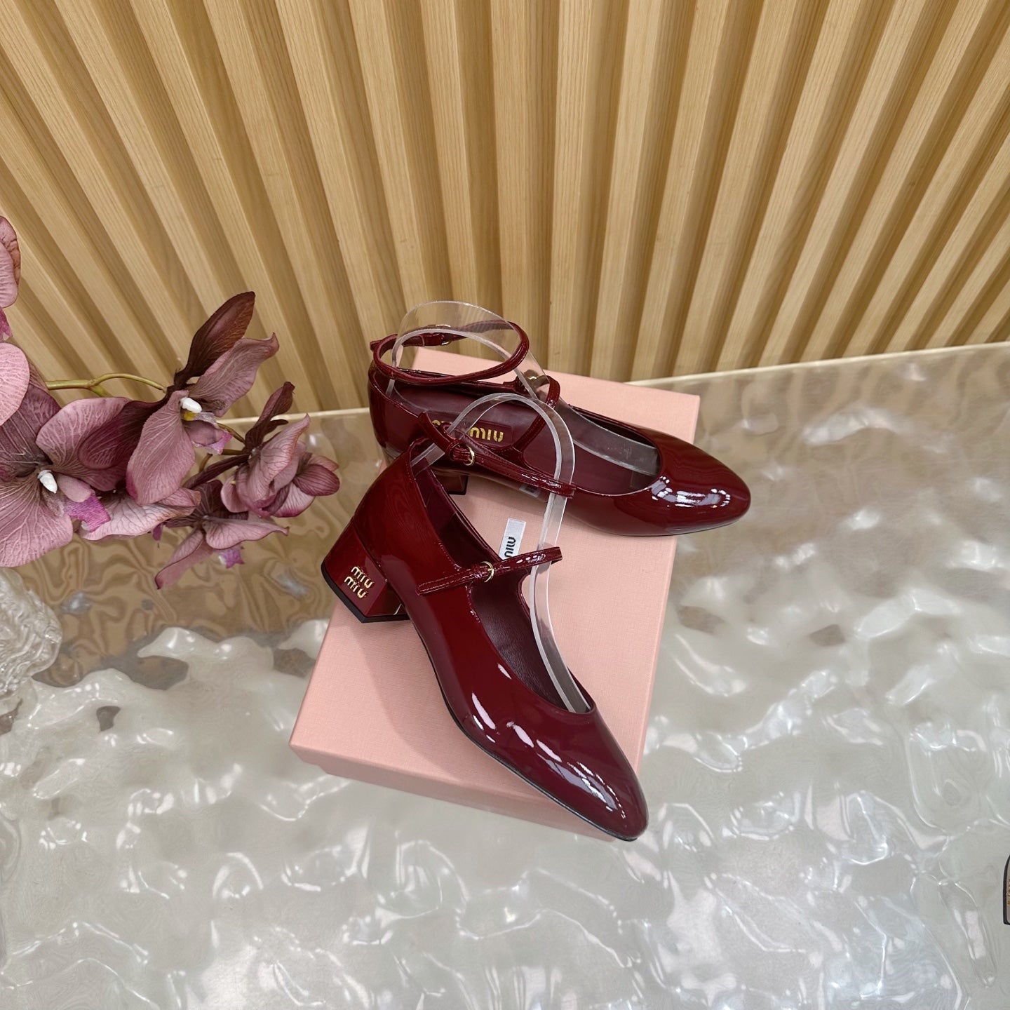 Miu Slingback Pumps With Straps 45mm Deep Red Patent Leather 498173
