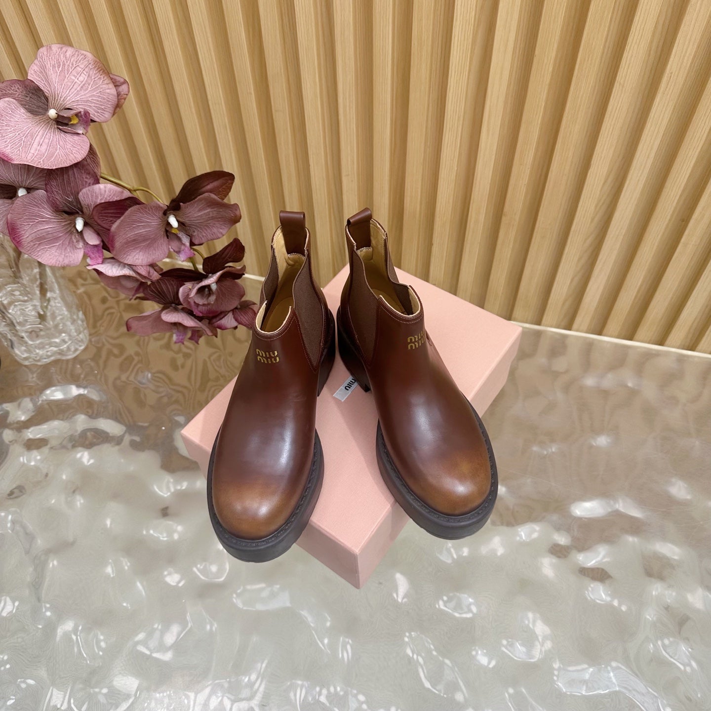 Miu Platform Chelsea Boots Deep Reddish Brown Leather 498176