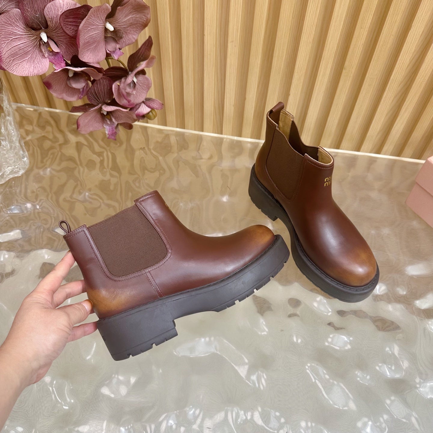 Miu Platform Chelsea Boots Deep Reddish Brown Leather 498176