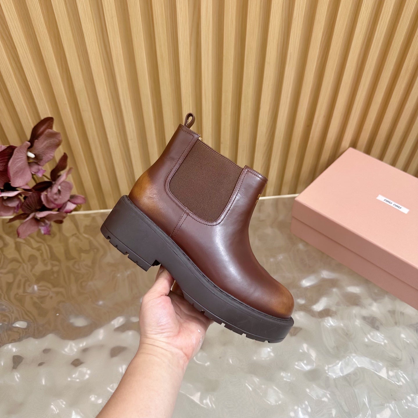 Miu Platform Chelsea Boots Deep Reddish Brown Leather 498176