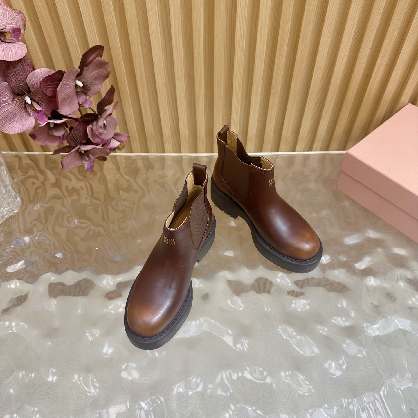 Miu Platform Chelsea Boots Deep Reddish Brown Leather 498176