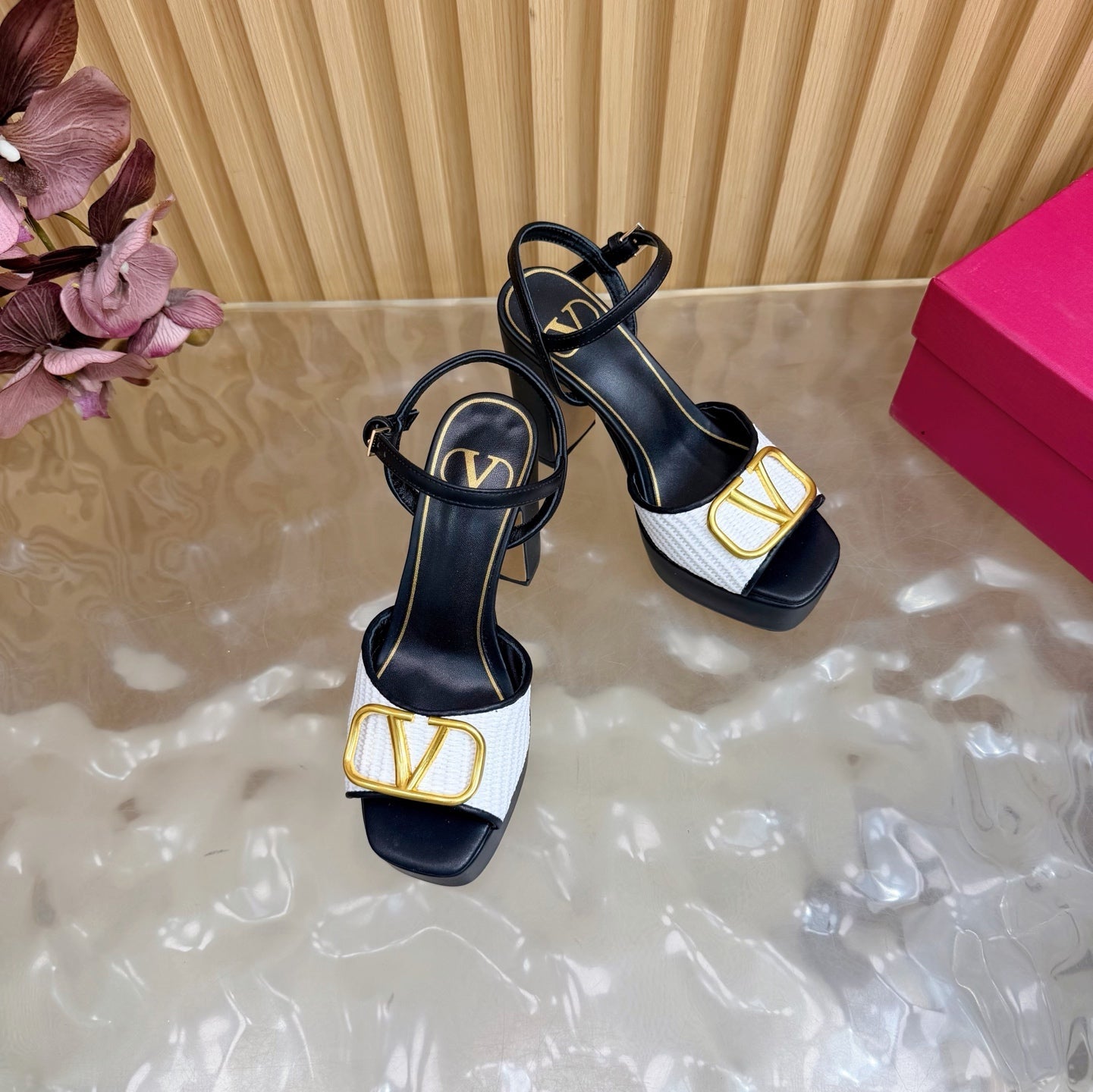 Valentino Signature Platform Sandal Black White Leather Raffia 702265