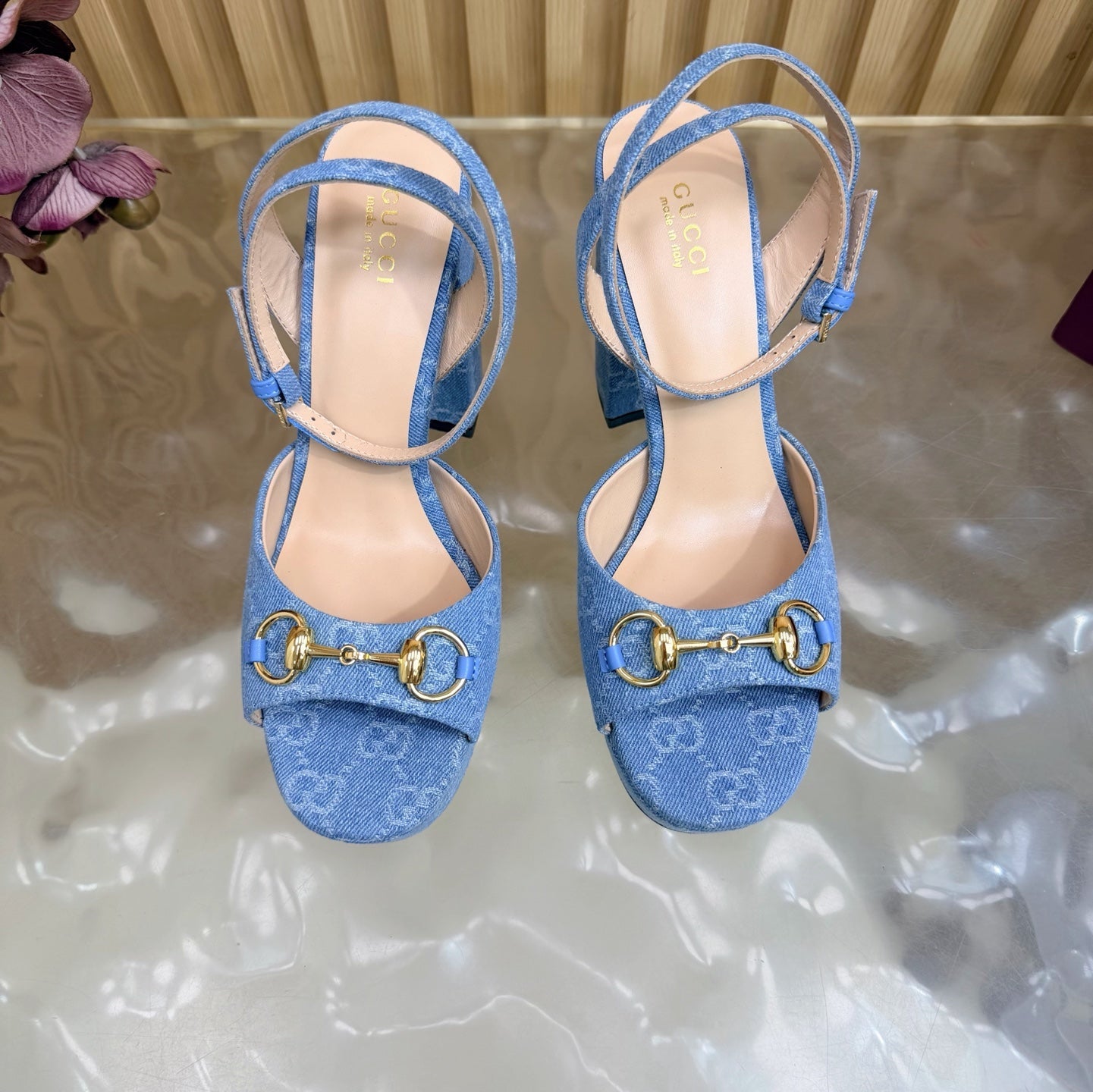 GG 26s Horsebit Platform Sandals 11cm Blue Suede 886502