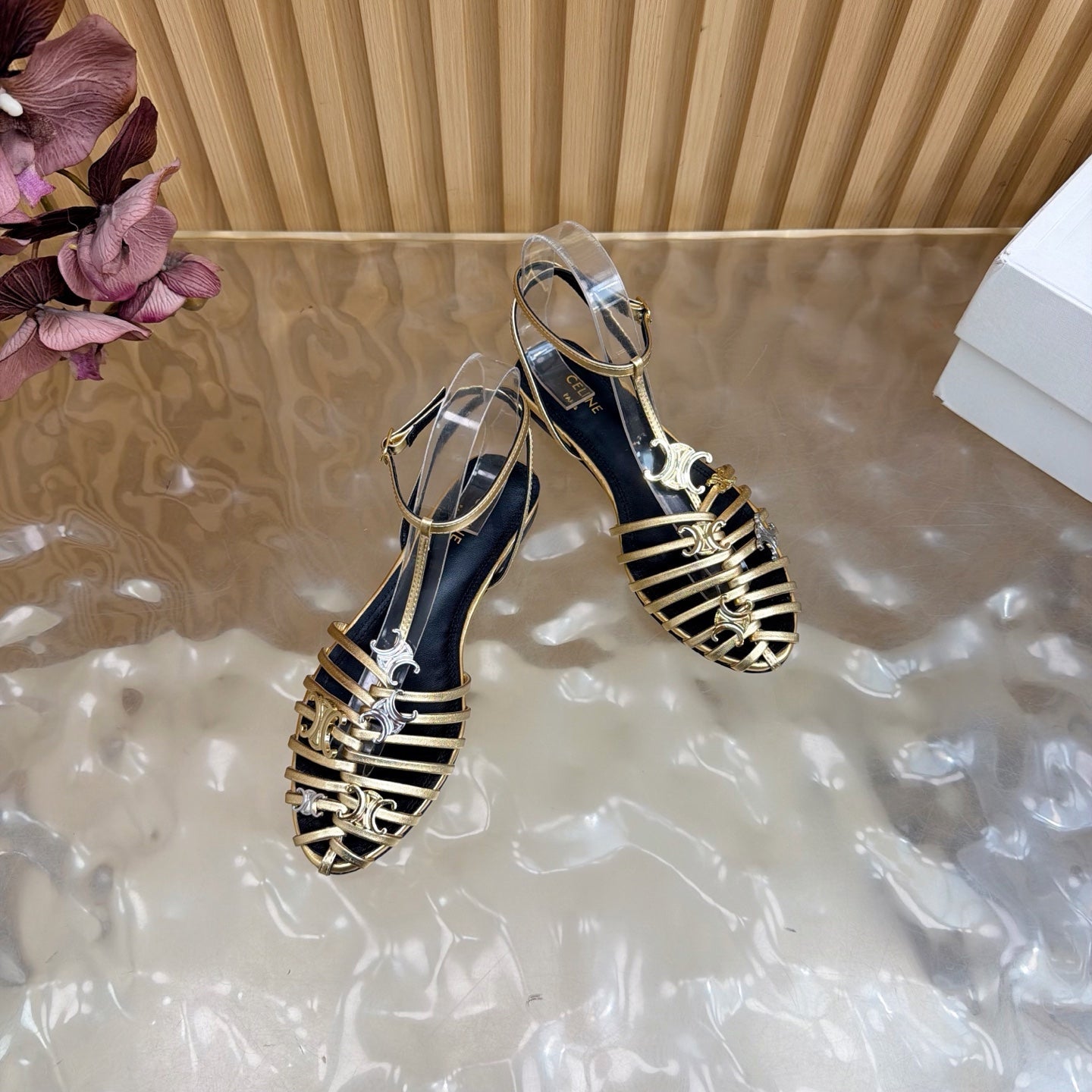 Celine 26s Cage Flat Sandals Gold Lambskin 898121