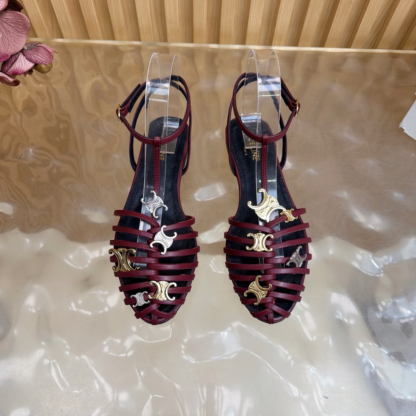 Celine 26s Cage Flat Sandals Burgundy Lambskin 898122