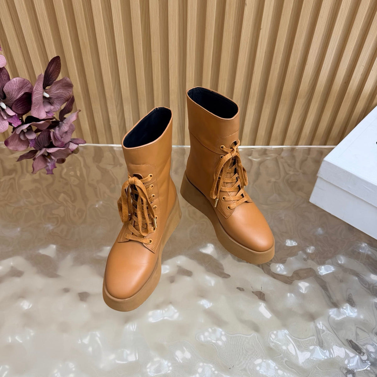 CE 26s Wedge Combat Boots 5cm Tan Leather 131454