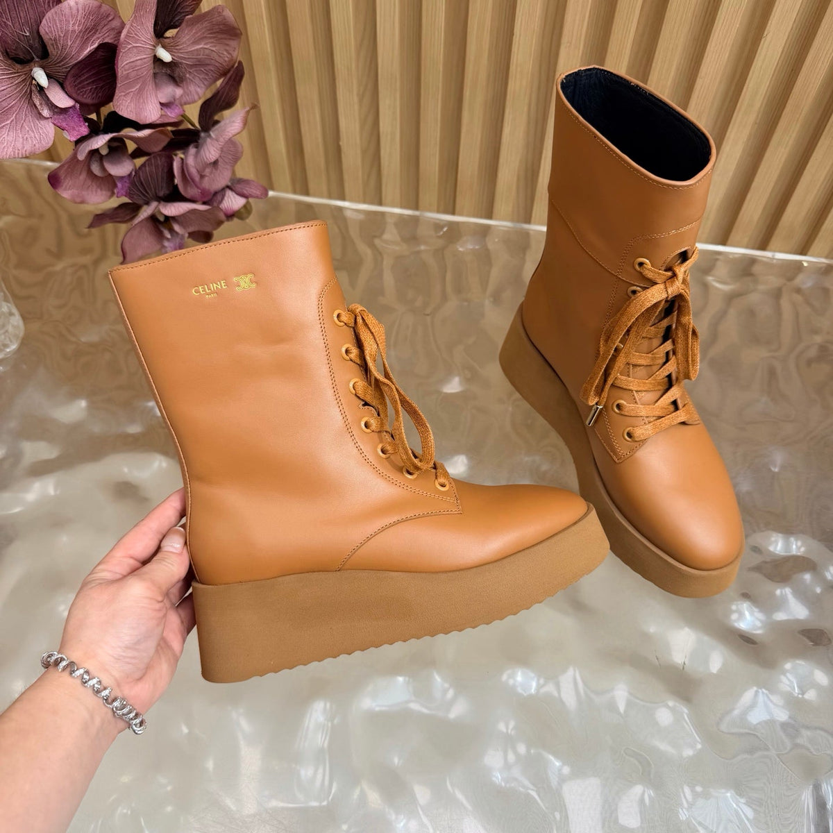 CE 26s Wedge Combat Boots 5cm Tan Leather 131454