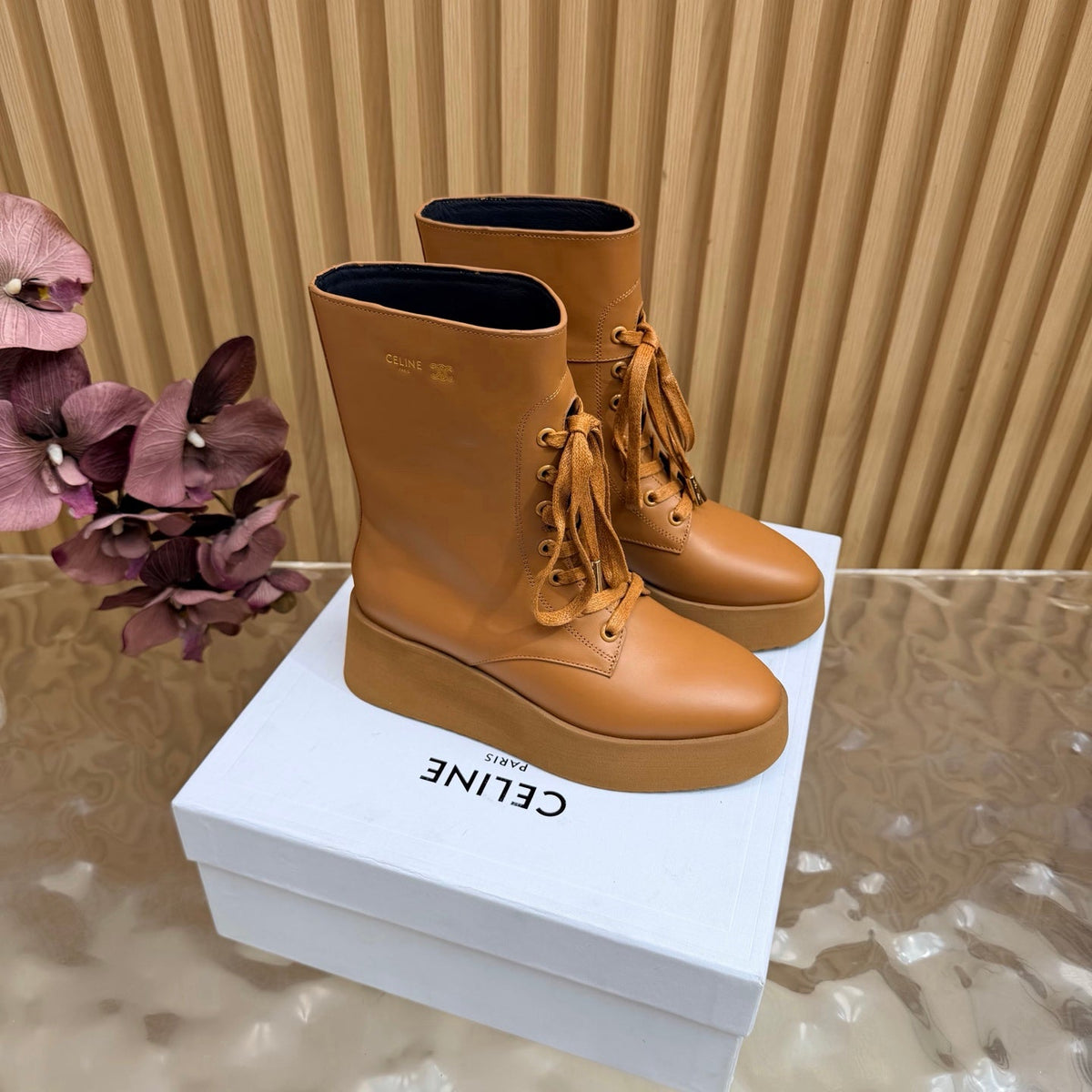 CE 26s Wedge Combat Boots 5cm Tan Leather 131454