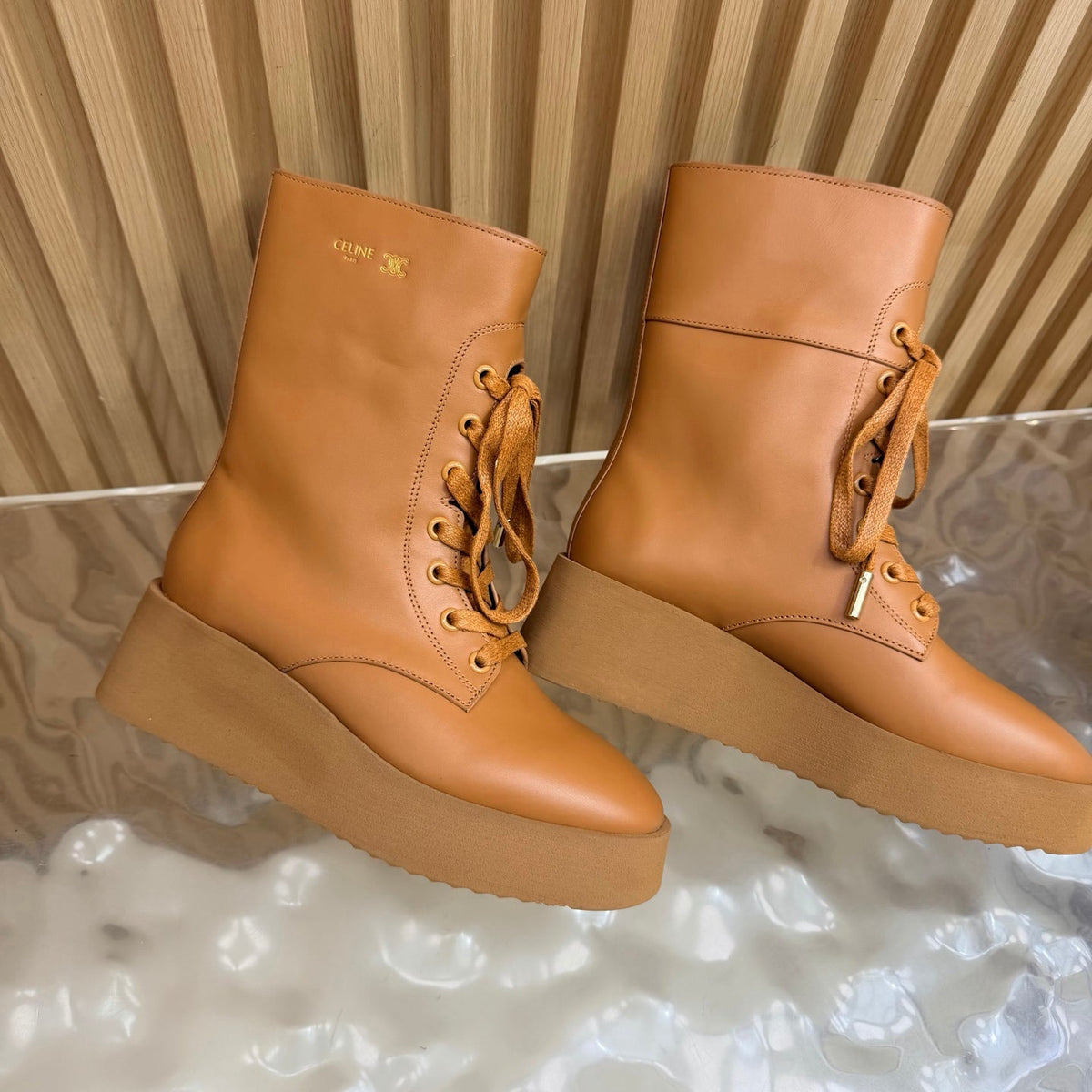 CE 26s Wedge Combat Boots 5cm Tan Leather 131454