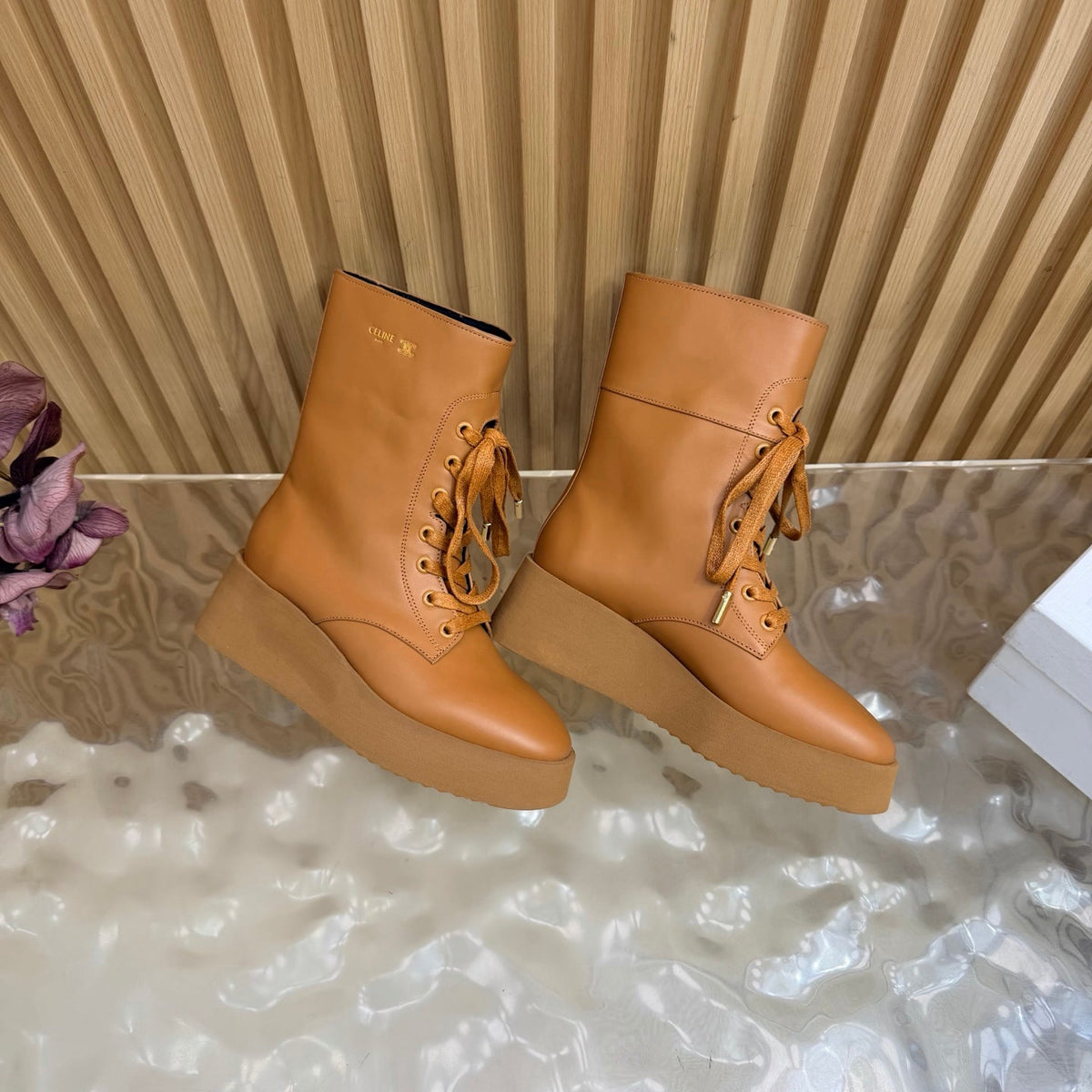CE 26s Wedge Combat Boots 5cm Tan Leather 131454
