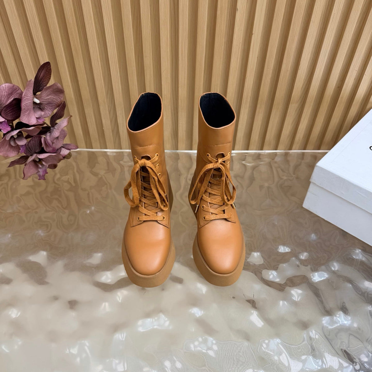 CE 26s Wedge Combat Boots 5cm Tan Leather 131454